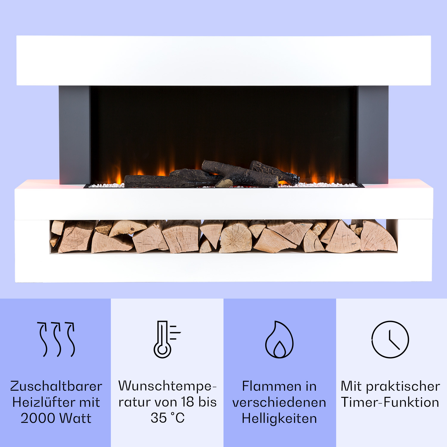 Una chimenea con marco blanco e interior negro. Hay troncos dentro. Hay iconos debajo.