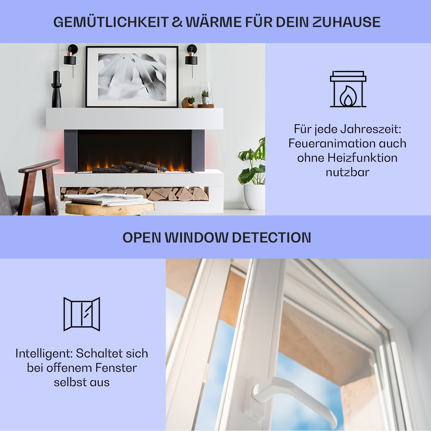 Un salón moderno con chimenea y ventana con cielo azul. El texto está en la imagen.