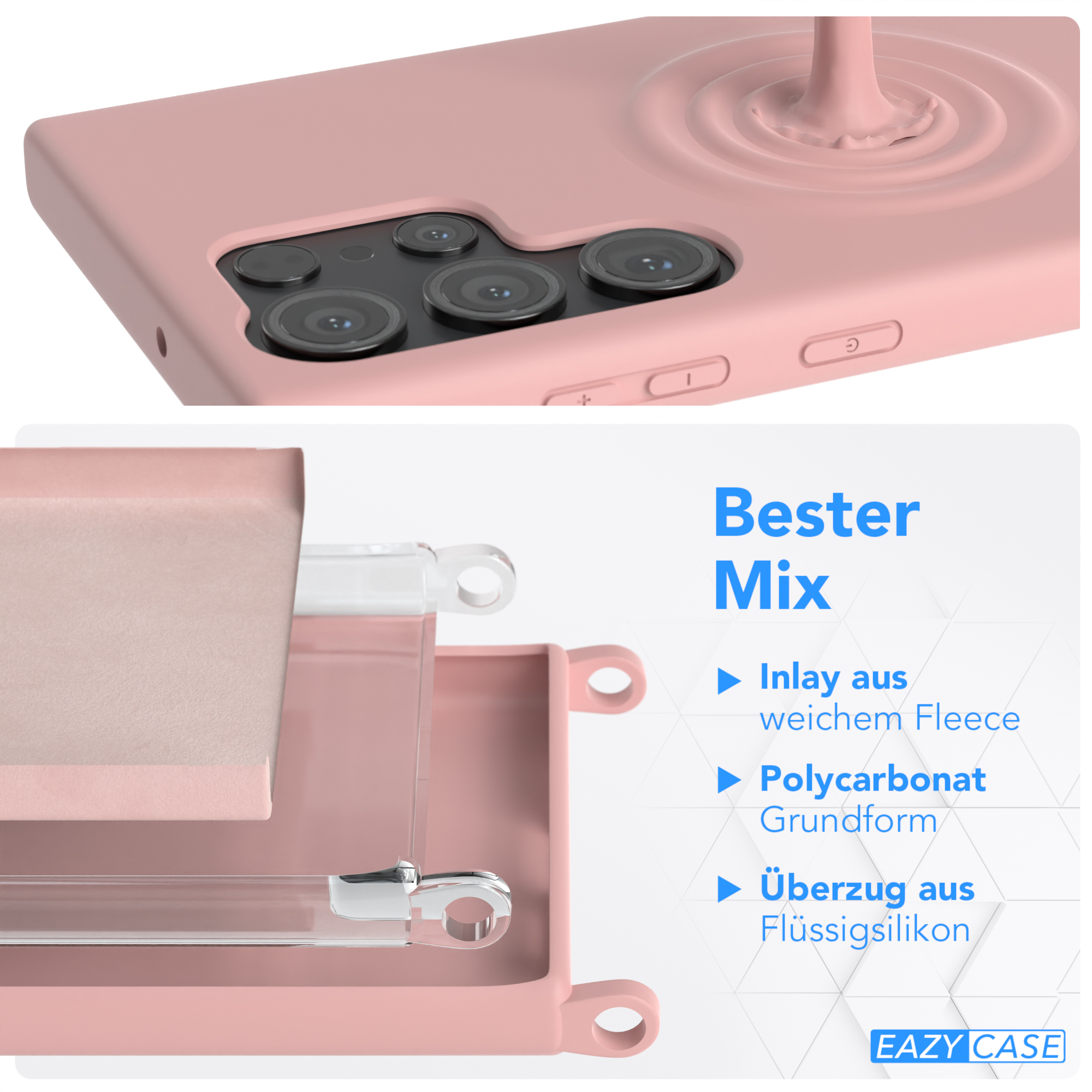Detail des Handy-Gehäuses mit Schichten, rosa Farbe. Oben: Telefon. Unten: Gehäuseschichten mit Text.