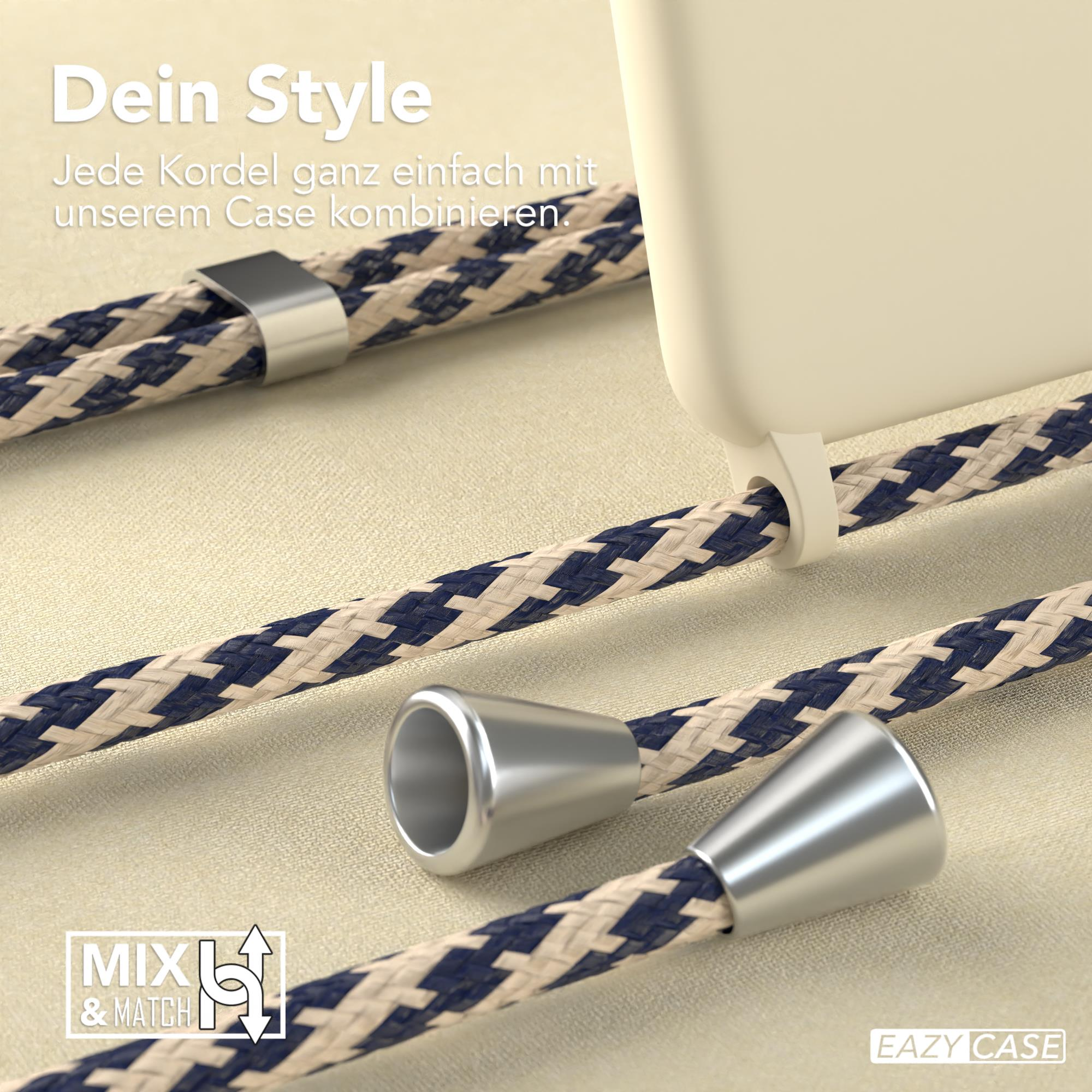 Nahaufnahme einer Handyhülle mit marineblauen und beigen Seilriemen und silberner Hardware.
