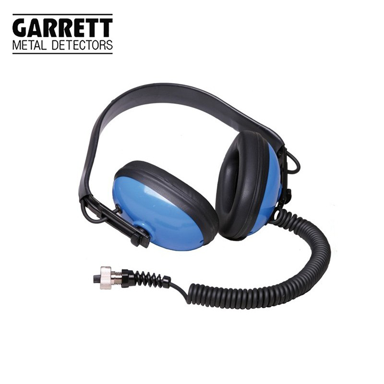 Blau-schwarze Metalldetektor-Kopfhörer mit Spiralkabel und Stecker.