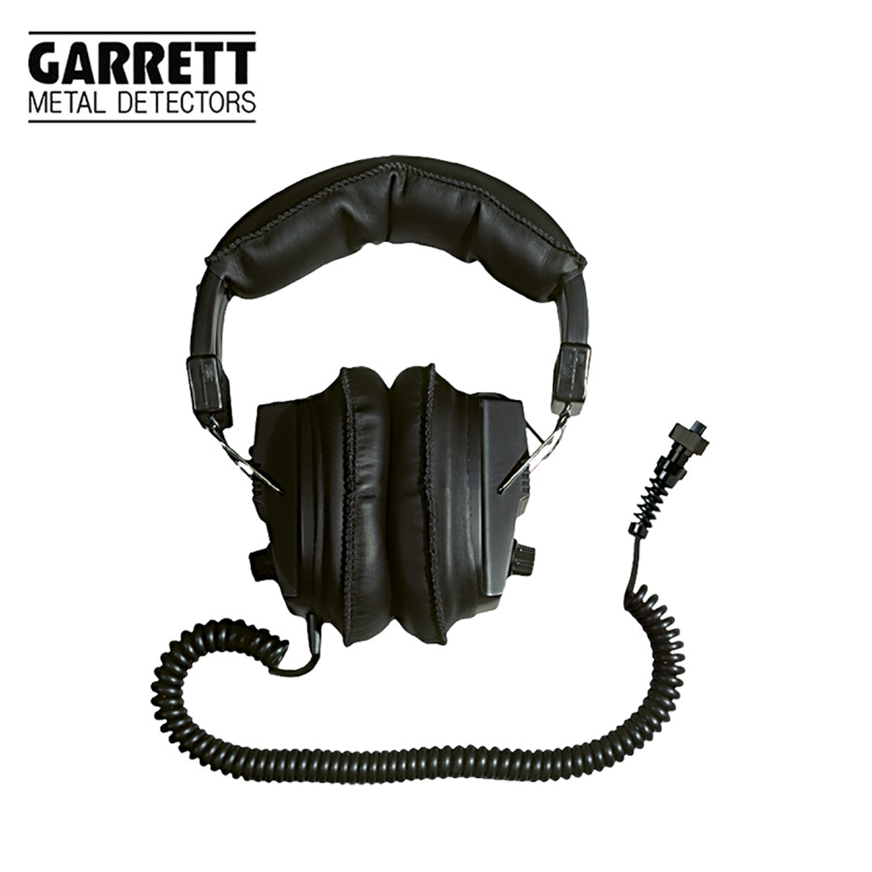 Schwarzer Garrett Metalldetektor-Kopfhörer, gepolsterte Ohrmuscheln, Spiraldraht.