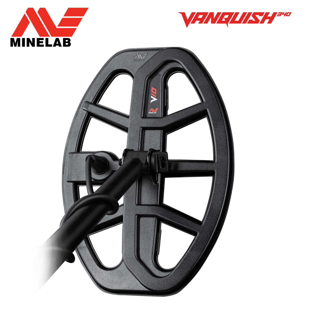 Schwarze Metalldetektor-Spule auf Weiß. Die Marke ist Minelab und Vanquish 340.