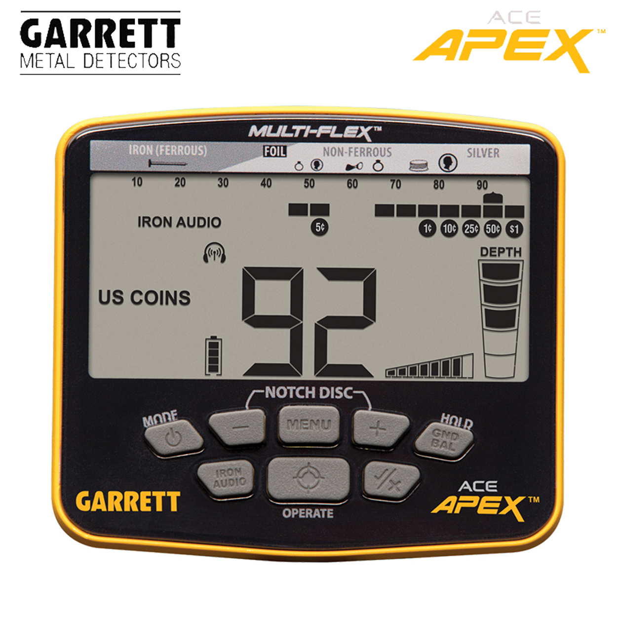 Metalldetektor mit schwarzem Bildschirm und gelben Akzenten. Text: Garrett Metal Detectors, Ace Apex.
