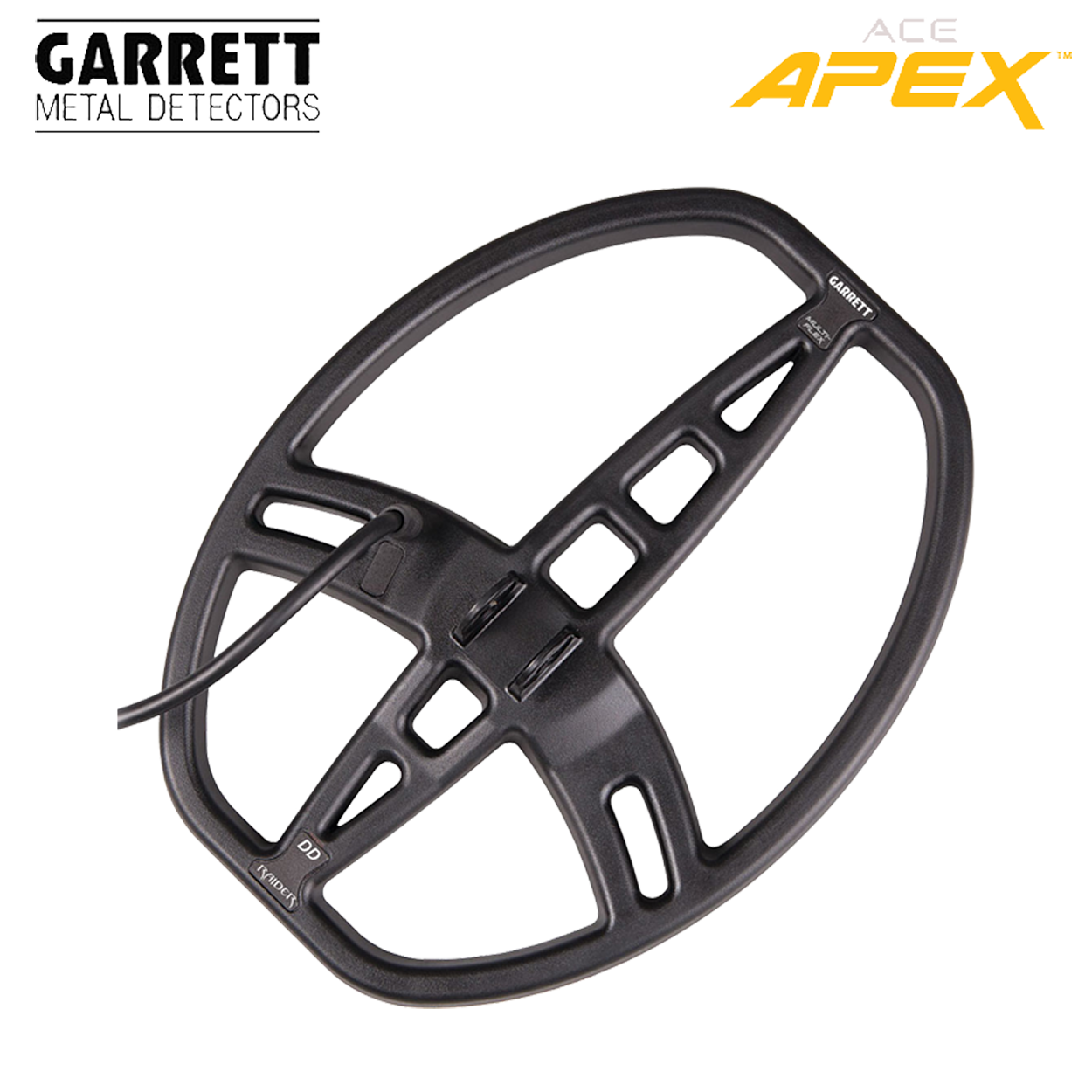 Schwarze Metalldetektorspule mit Garrett- und Apex-Logo auf schwarzem Hintergrund.