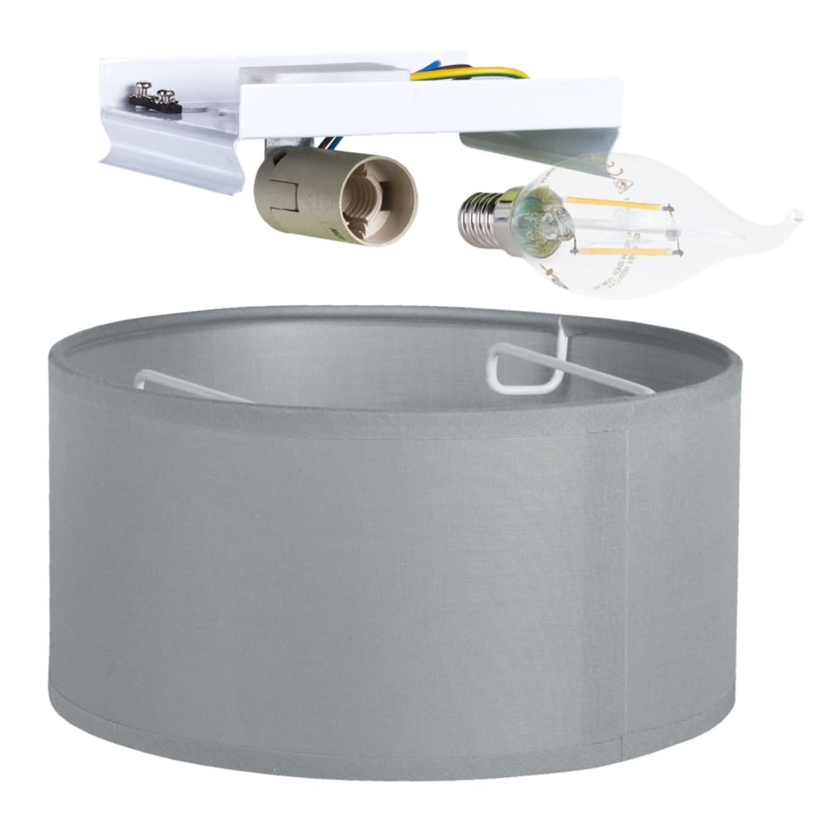 Grijze lampenkap, gloeilamp en plafondarmatuur. Neutrale kleuren en modern design.