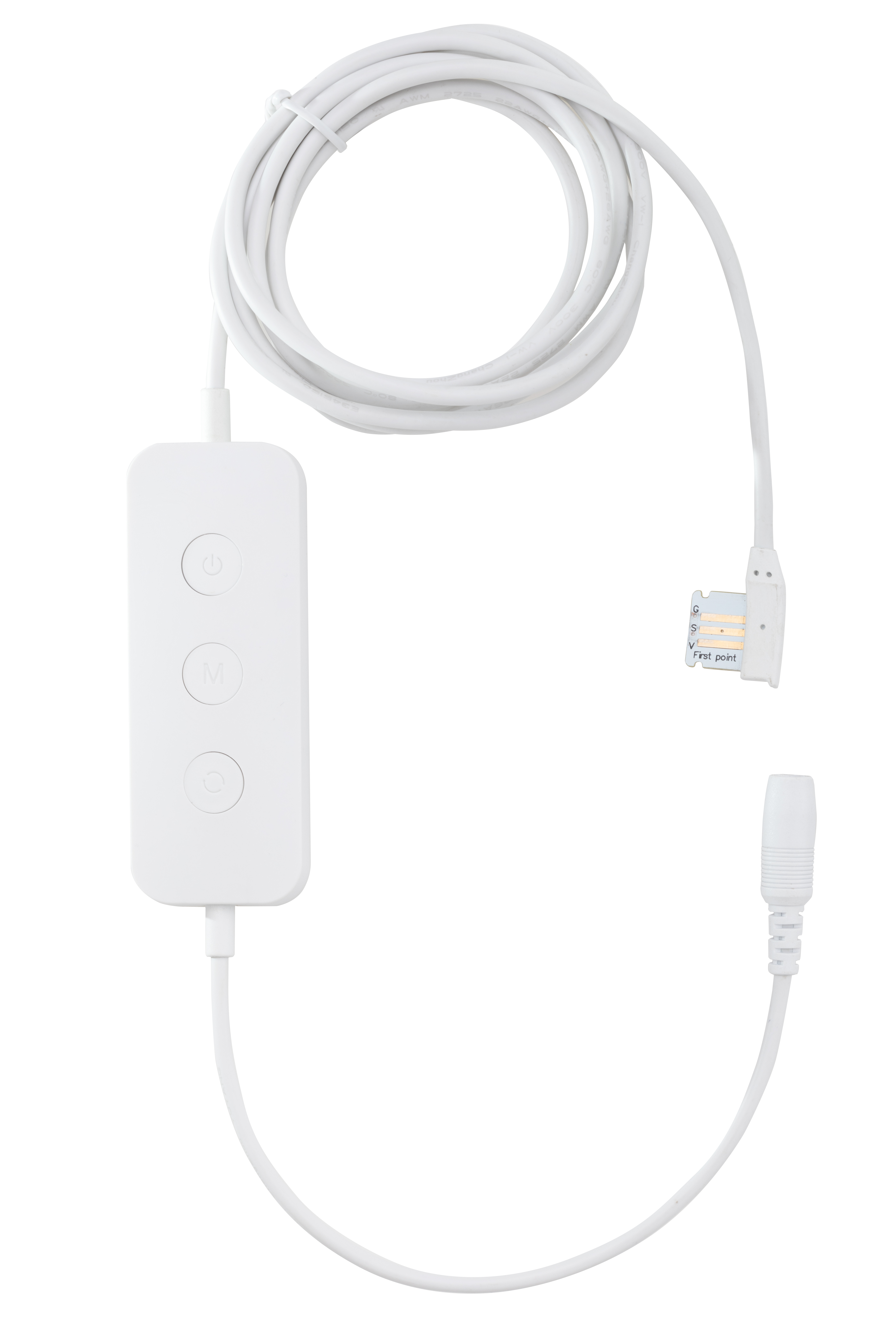Weißes Kabel mit Steuerbox und Stecker auf weißem Hintergrund.