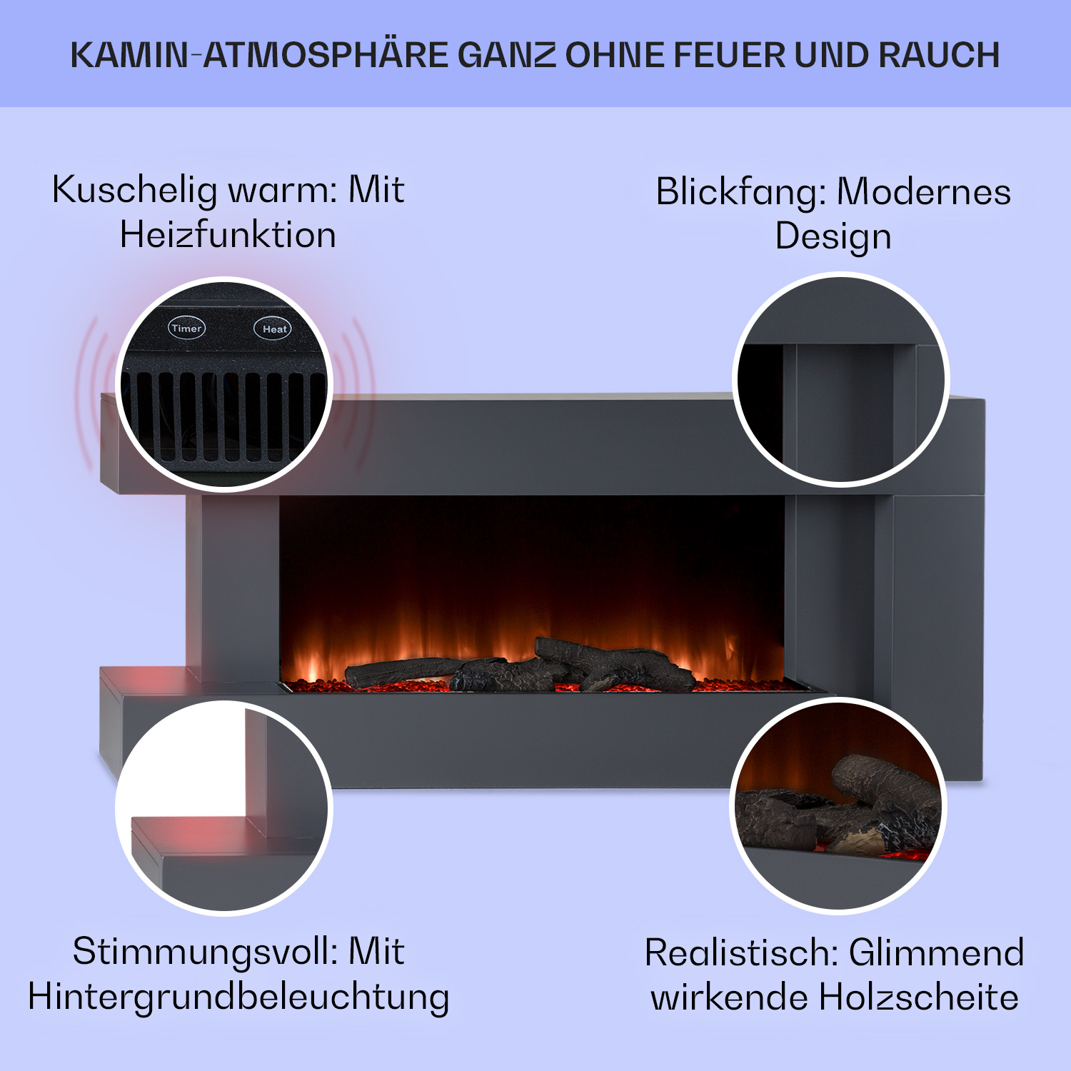 Caminetto elettrico con finti ceppi e cornice grigio scuro, con braci rosse incandescenti.