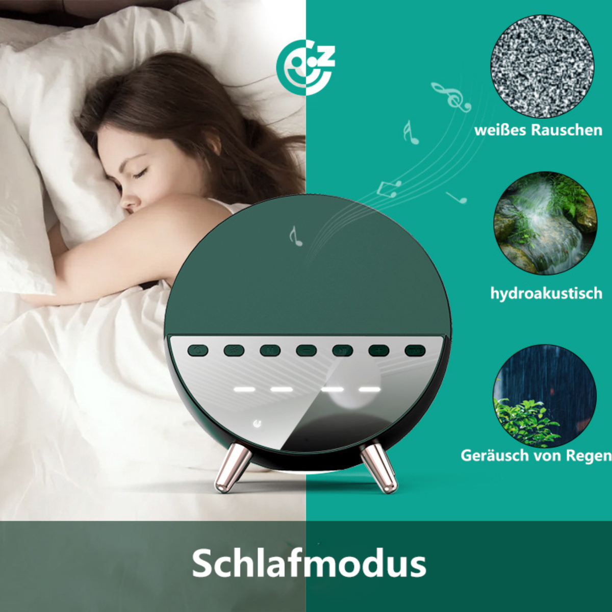 Frau schläft neben einer grünen Schlafgeräuschmaschine. Symbole zeigen weißes Rauschen, Regen und Wassergeräusche.