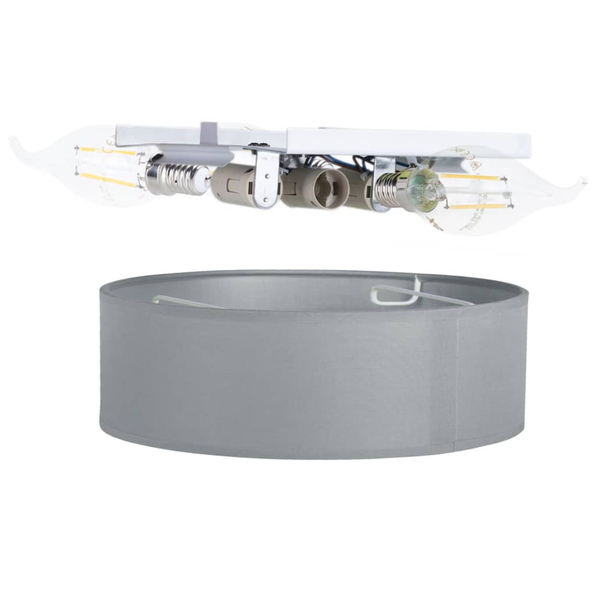 Una lampada con lampadine e un paralume grigio. La luce è accesa e le lampadine sono visibili.