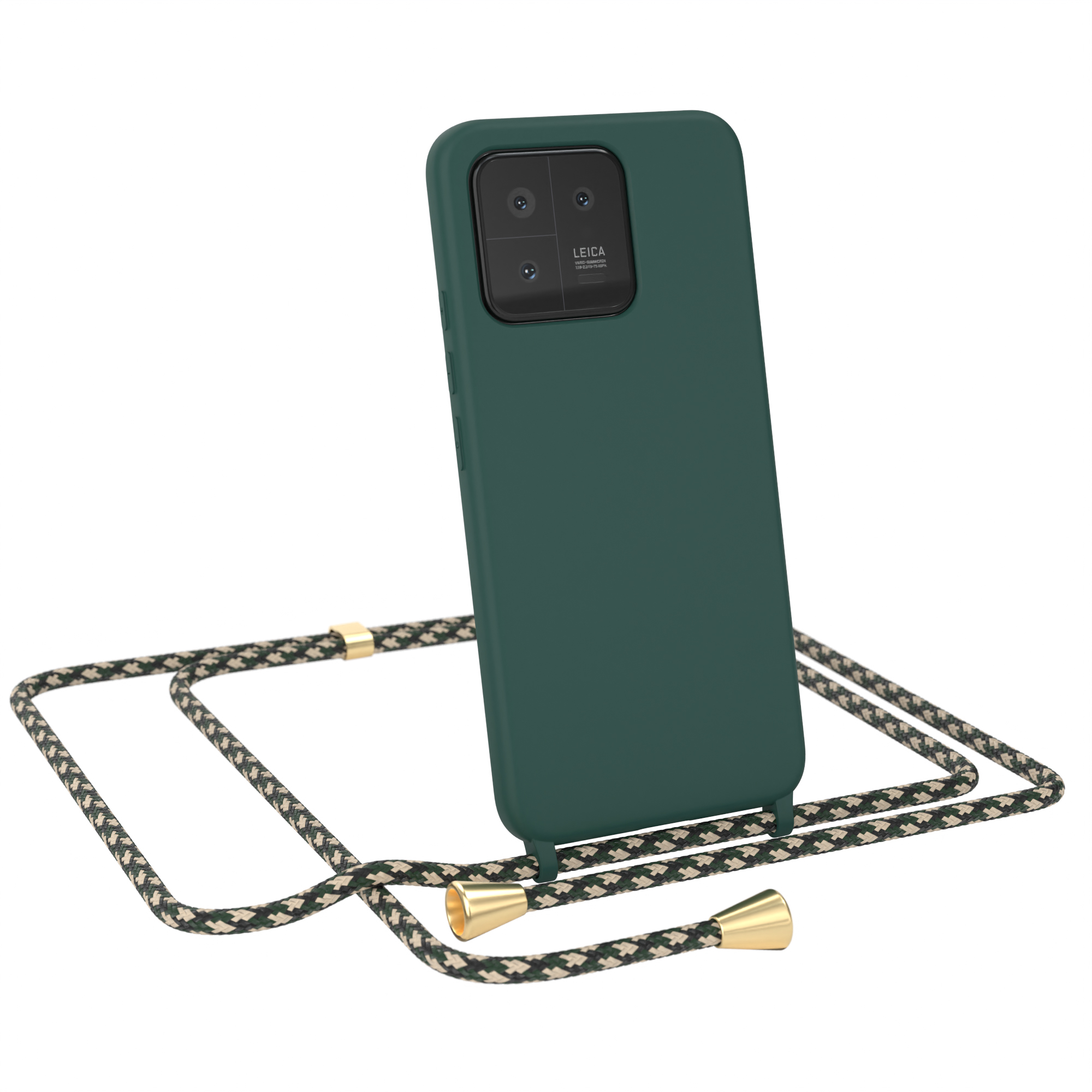 Ein grünes Telefon mit Riemen. Das Telefon hat Kameralinsen auf der Rückseite. Der Riemen ist schwarz und beige.