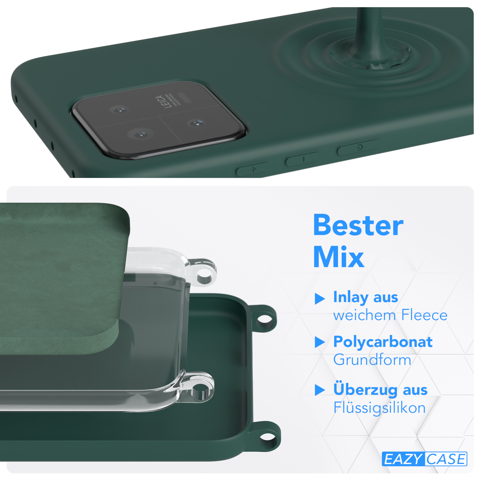 Telefonhüllen-Komponenten in Schichten: Fleece-Inlay, Polycarbonat-Basis und Silikon-Abdeckung.