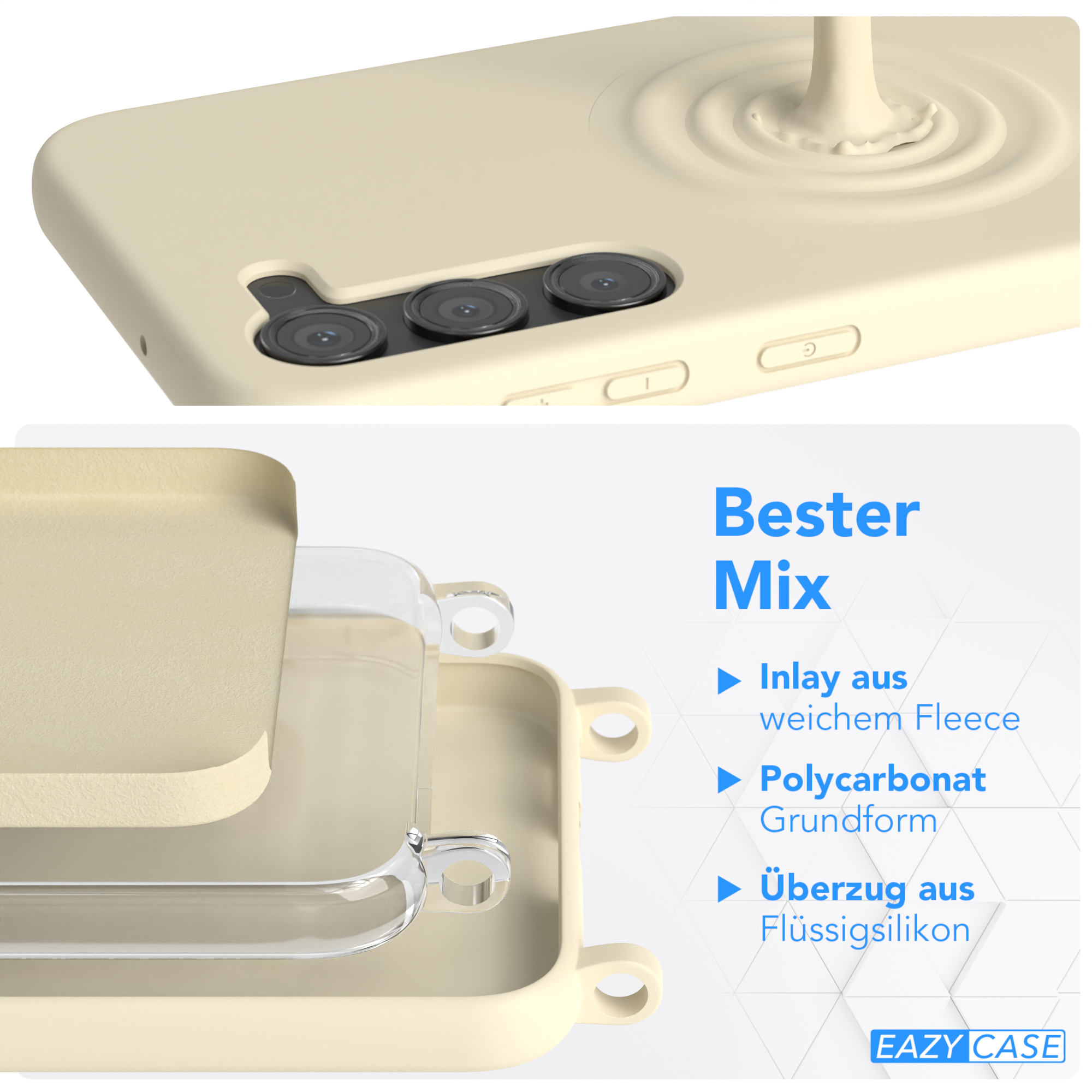 Eine beige Handyhülle mit Telefondetail, zeigt Schichten: Fleece-Einlage, Polycarbonat-Basis und Silikon-Hülle.