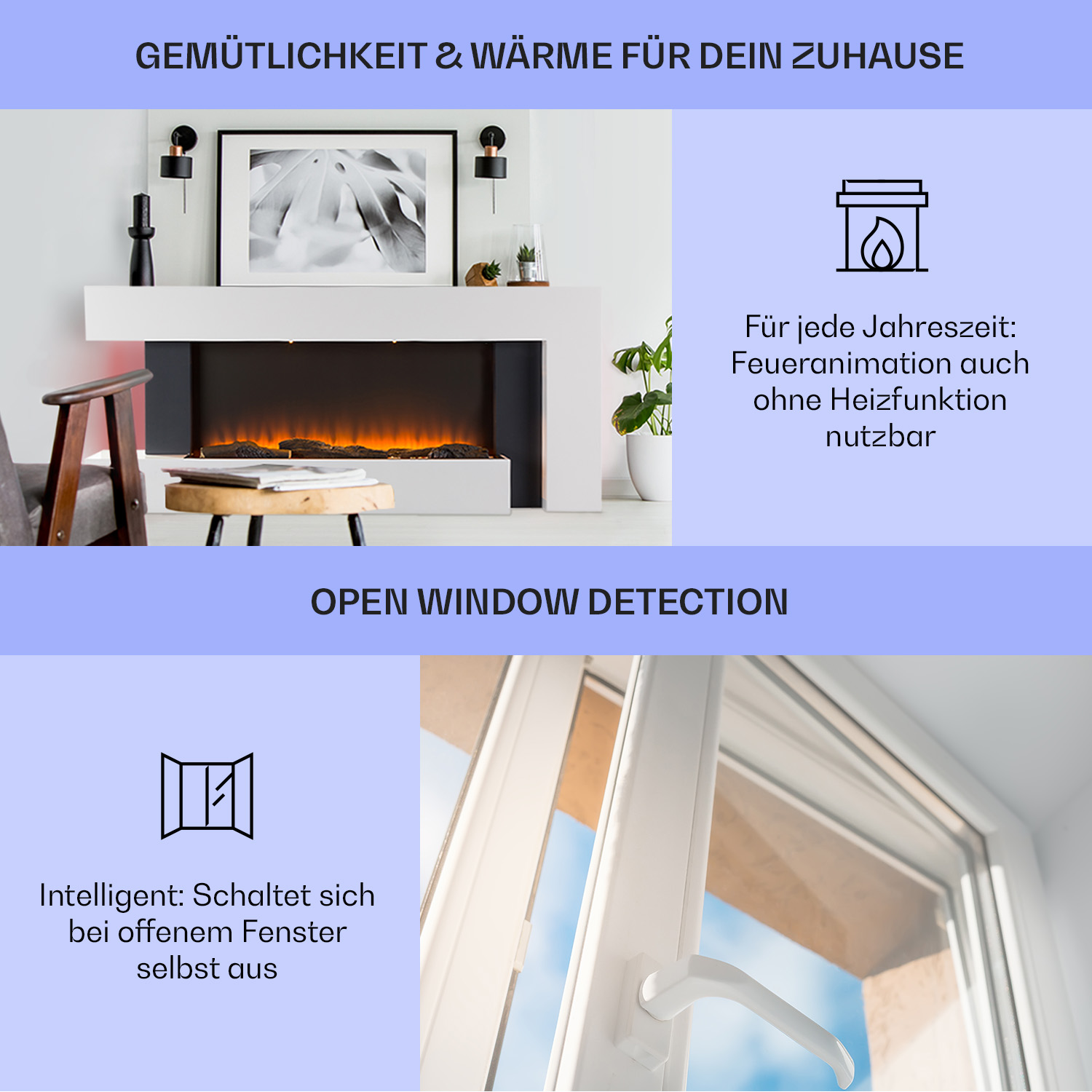 Chimenea con llamas, troncos y función de detección de ventanas. Texto: Detección de ventanas abiertas.