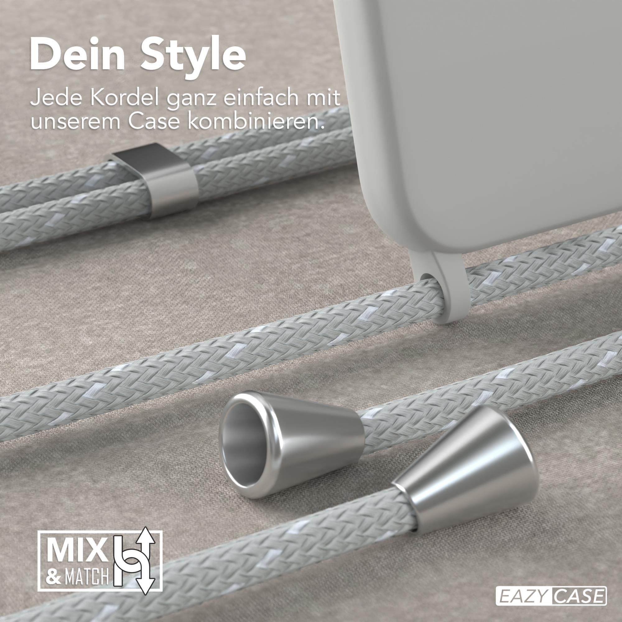 Nahaufnahme grauer Handykabel mit Metallenden. Text: 'Dein Style' und 'Eazy Case'.