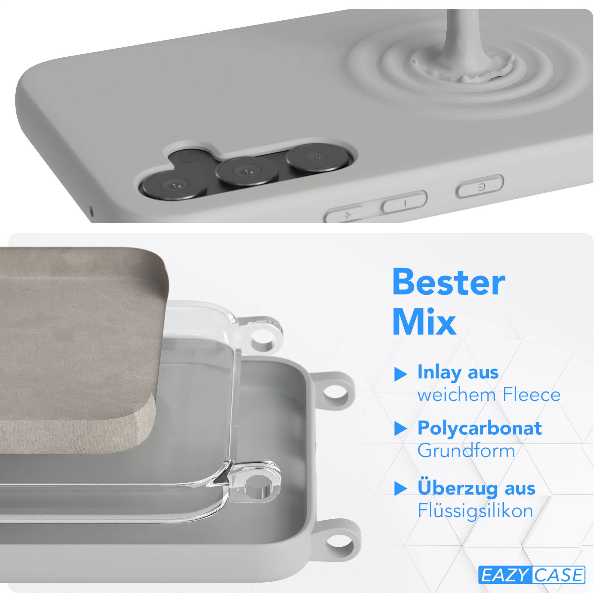 Graue Handyhülle mit mehrschichtigem Design, das die Kamera des Telefons und Schichtdetails zeigt.