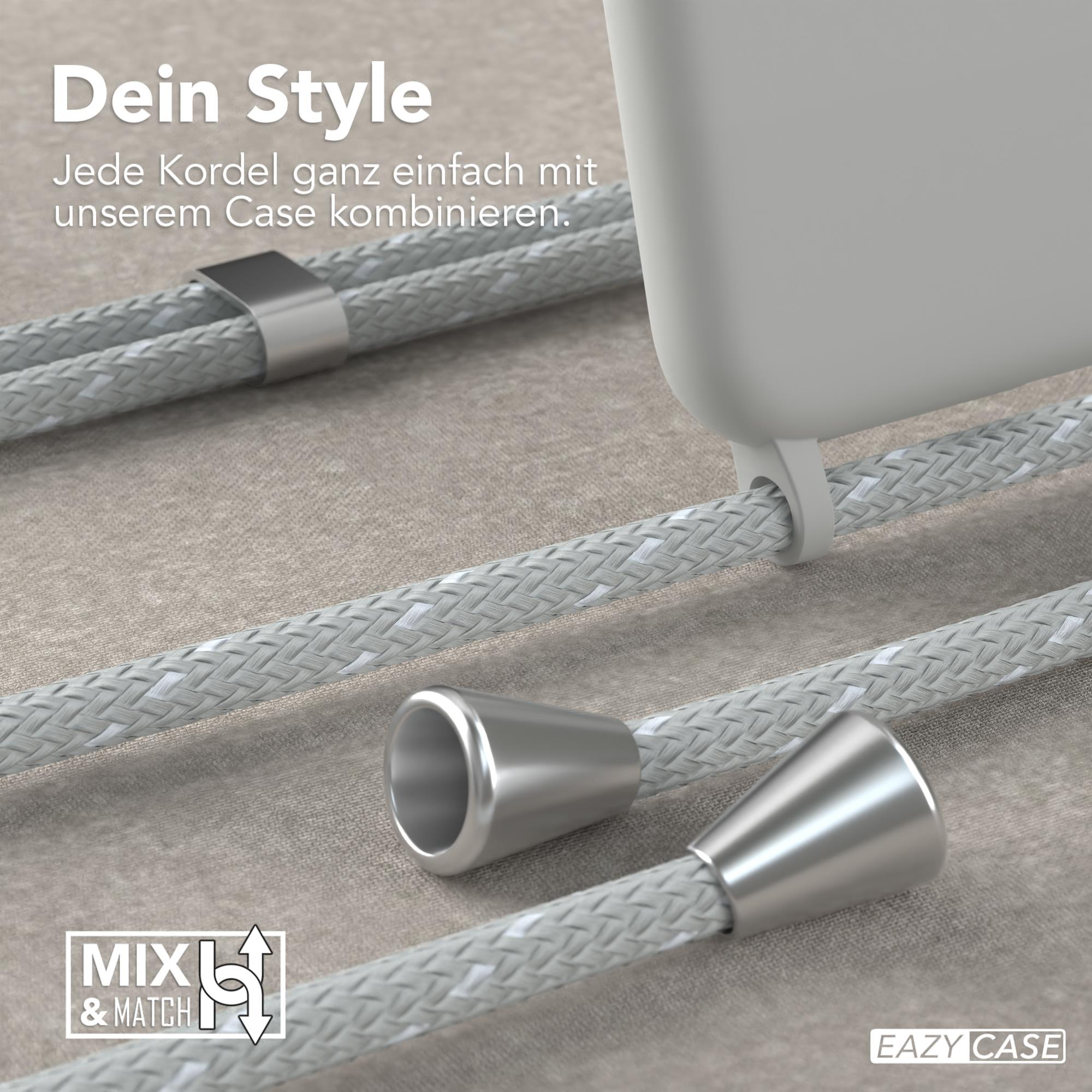 Nahaufnahme einer grauen Handyhülle mit silbernen Metallakzenten und grau geflochtenem Schlüsselband.