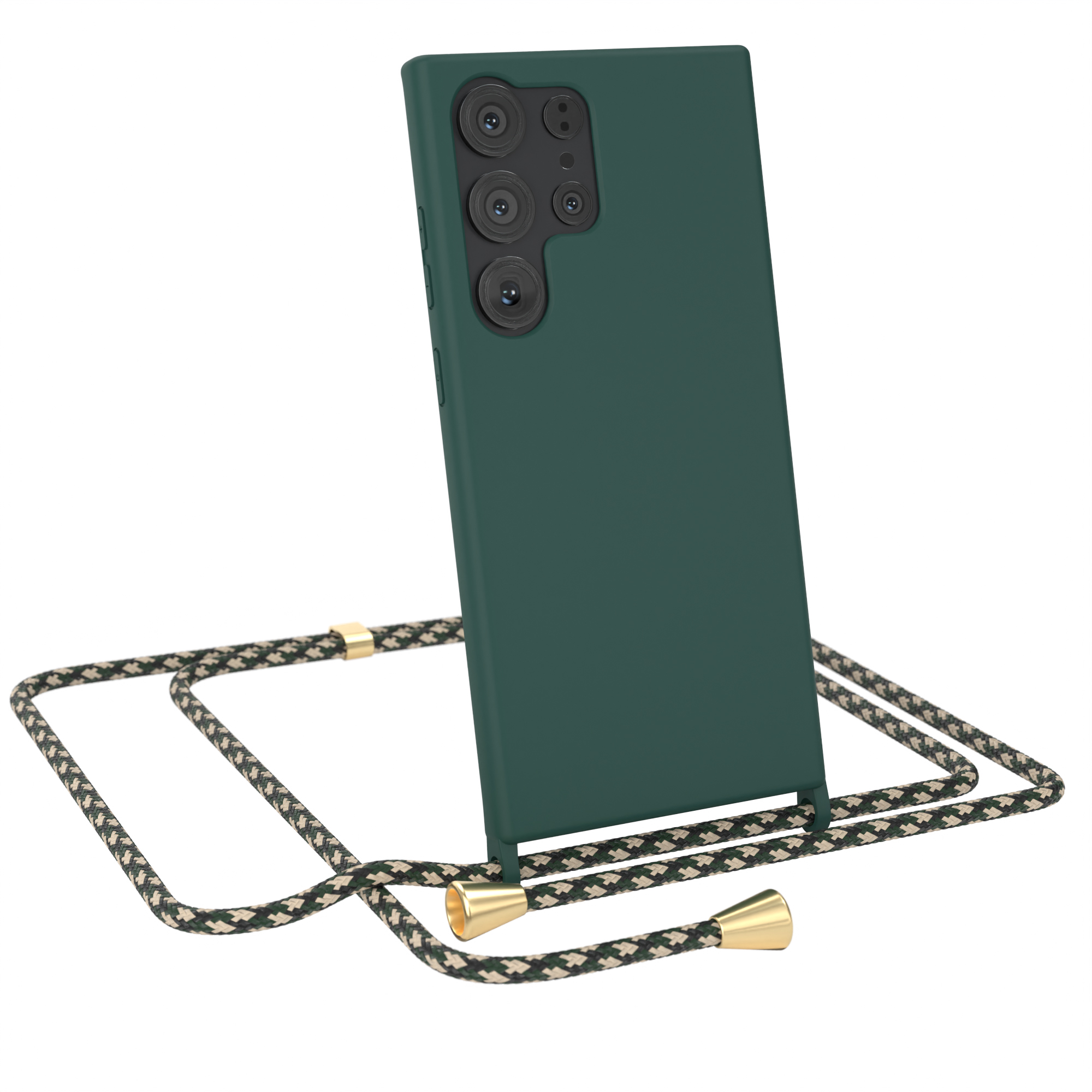 Dunkelgrüne Handyhülle mit Seilriemen. Das Telefon hat drei Kameras.