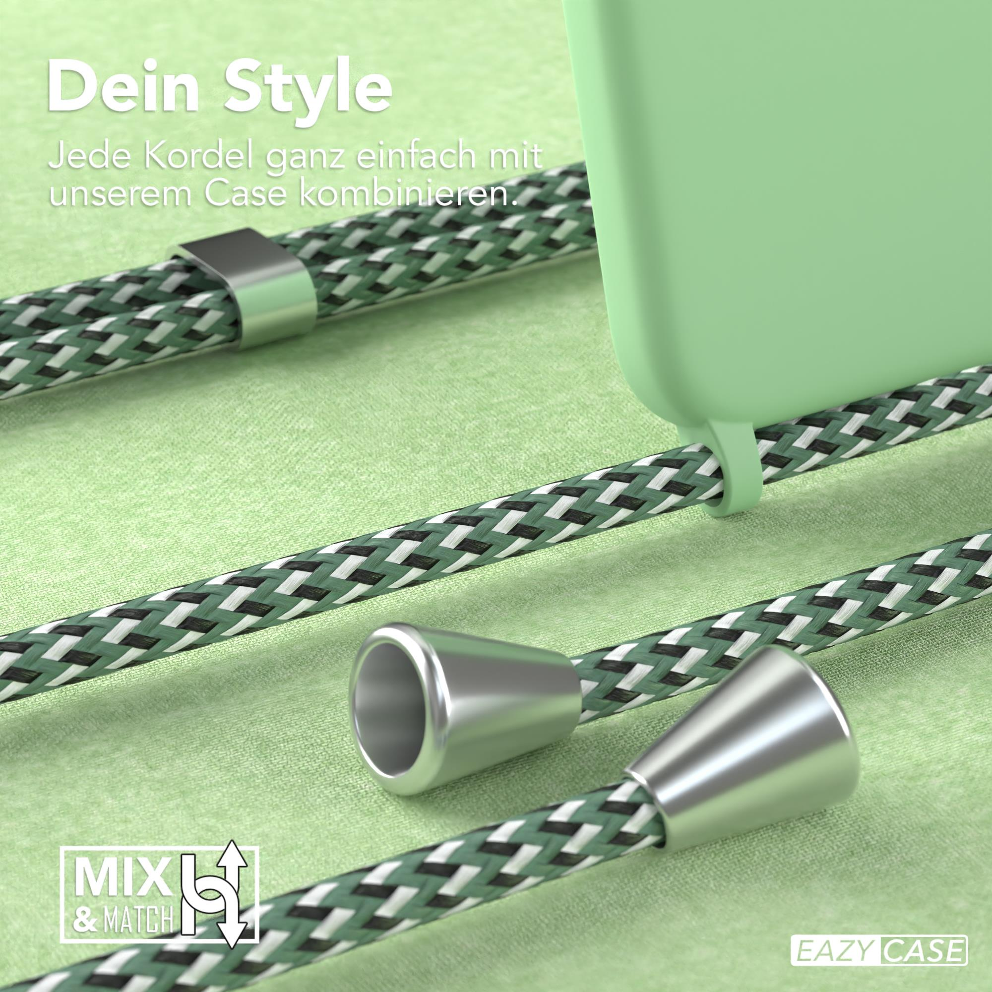 Grüne Handyhülle mit geflochtener Kordel. Silberakzente. Mix & Match Logo.