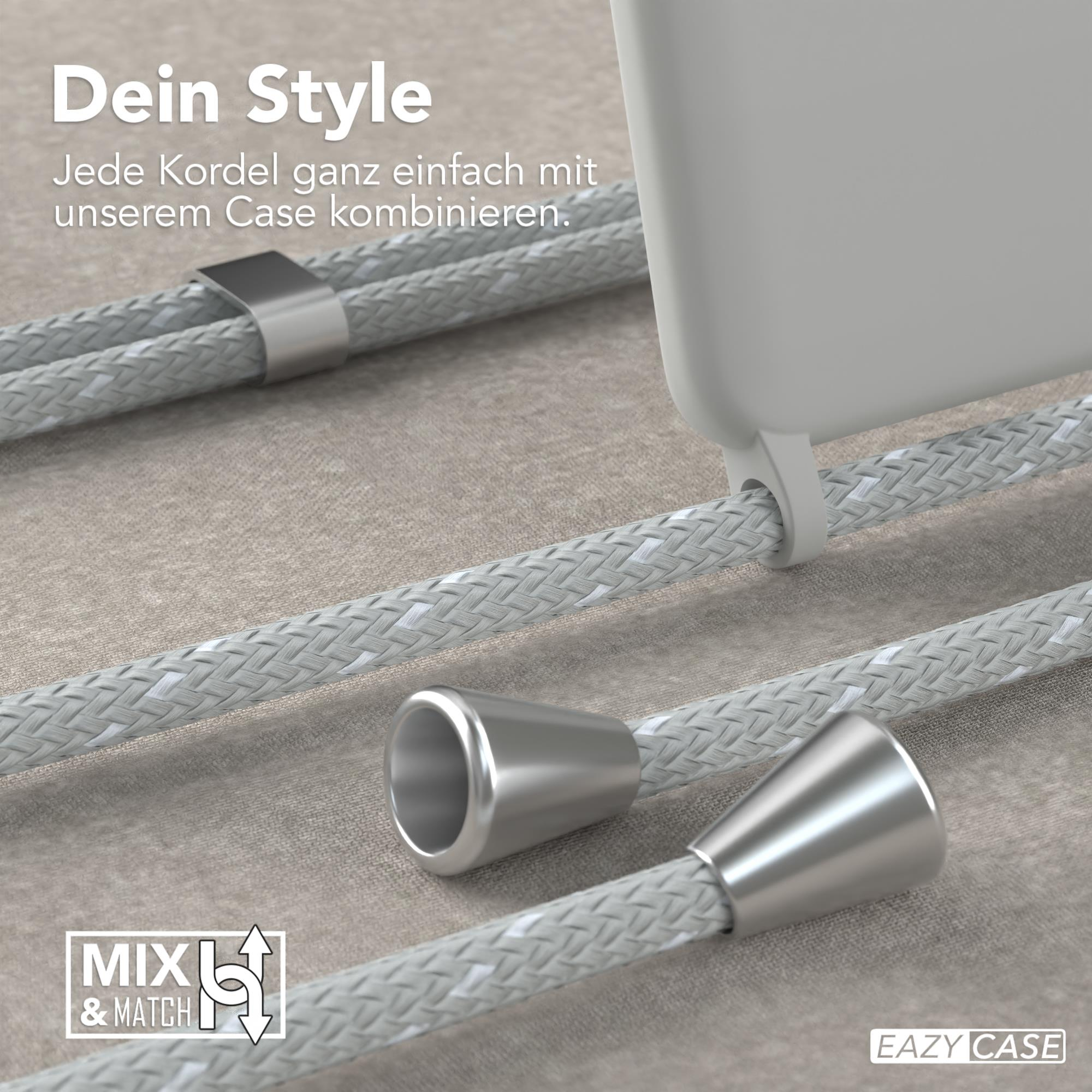 Nahaufnahme einer Handyhülle mit grauem Band und silbernen Endstücken.