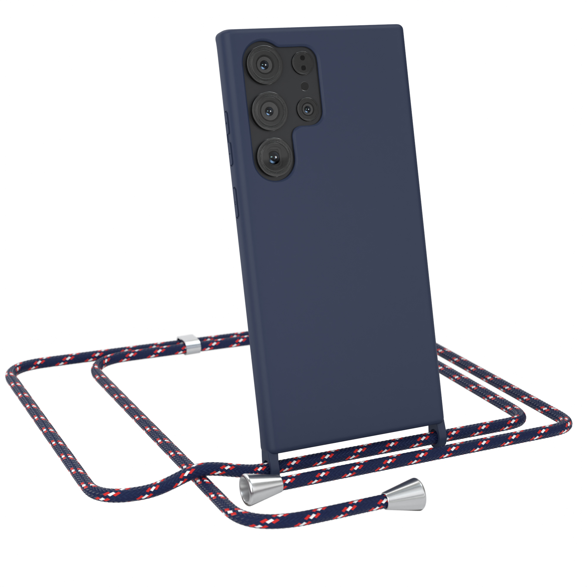 Blaue Handyhülle mit Lanyard. Die Handyhülle hat eine Kamera und ist abgewandt.