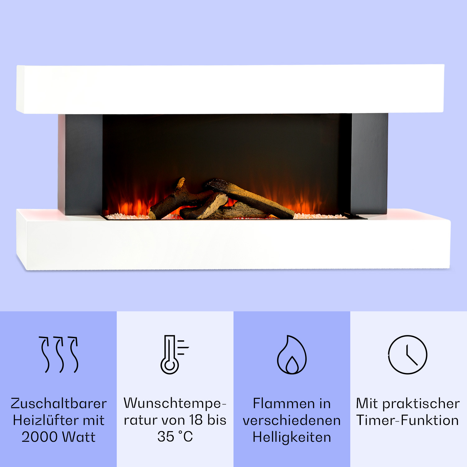 Una chimenea eléctrica blanca y negra con una pantalla de llama simulada e iconos.
