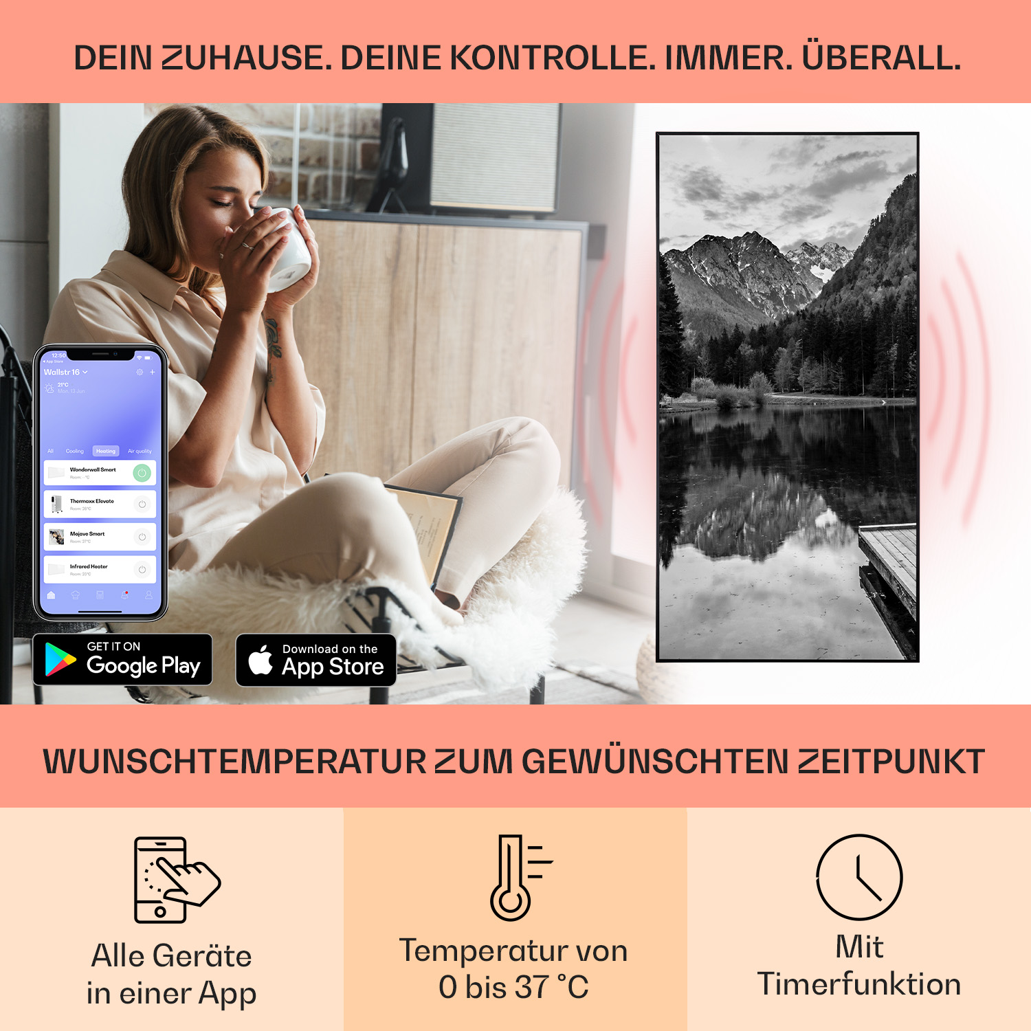 Frau benutzt Telefon, mit Berglandschaft im Hintergrund und App-Symbolen.