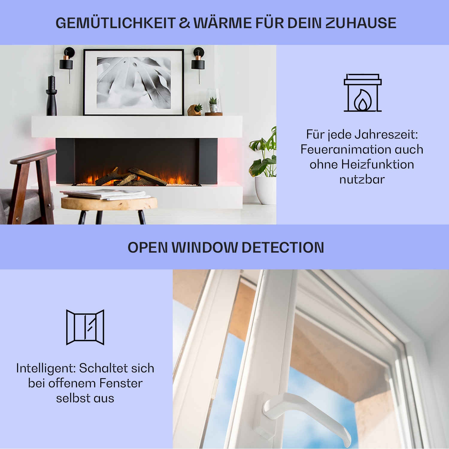 Chimenea con una pintura y una ventana. El texto describe las características: detección de ventana abierta, animación de fuego.