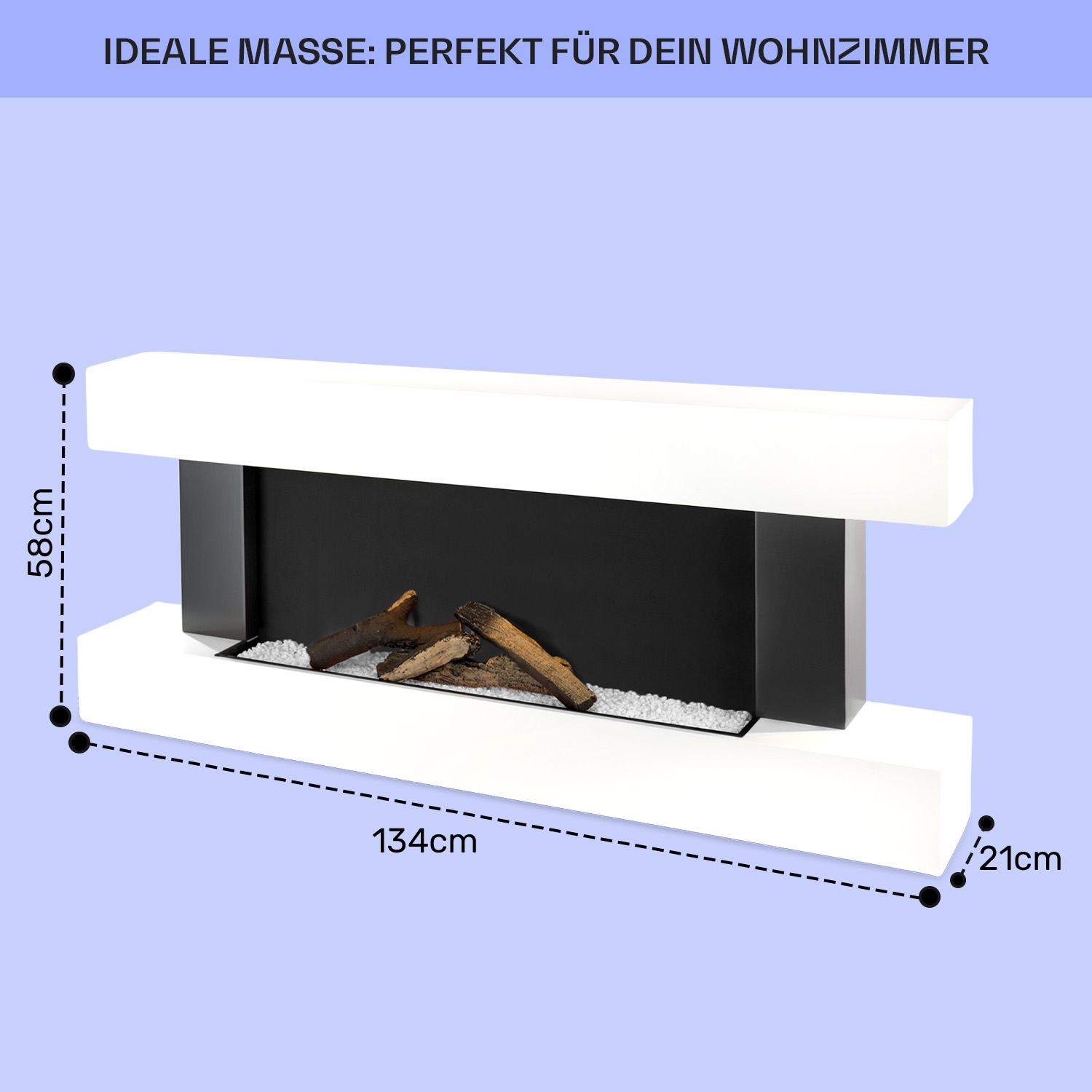 Chimenea eléctrica moderna blanca y negra, con dimensiones en el lateral.