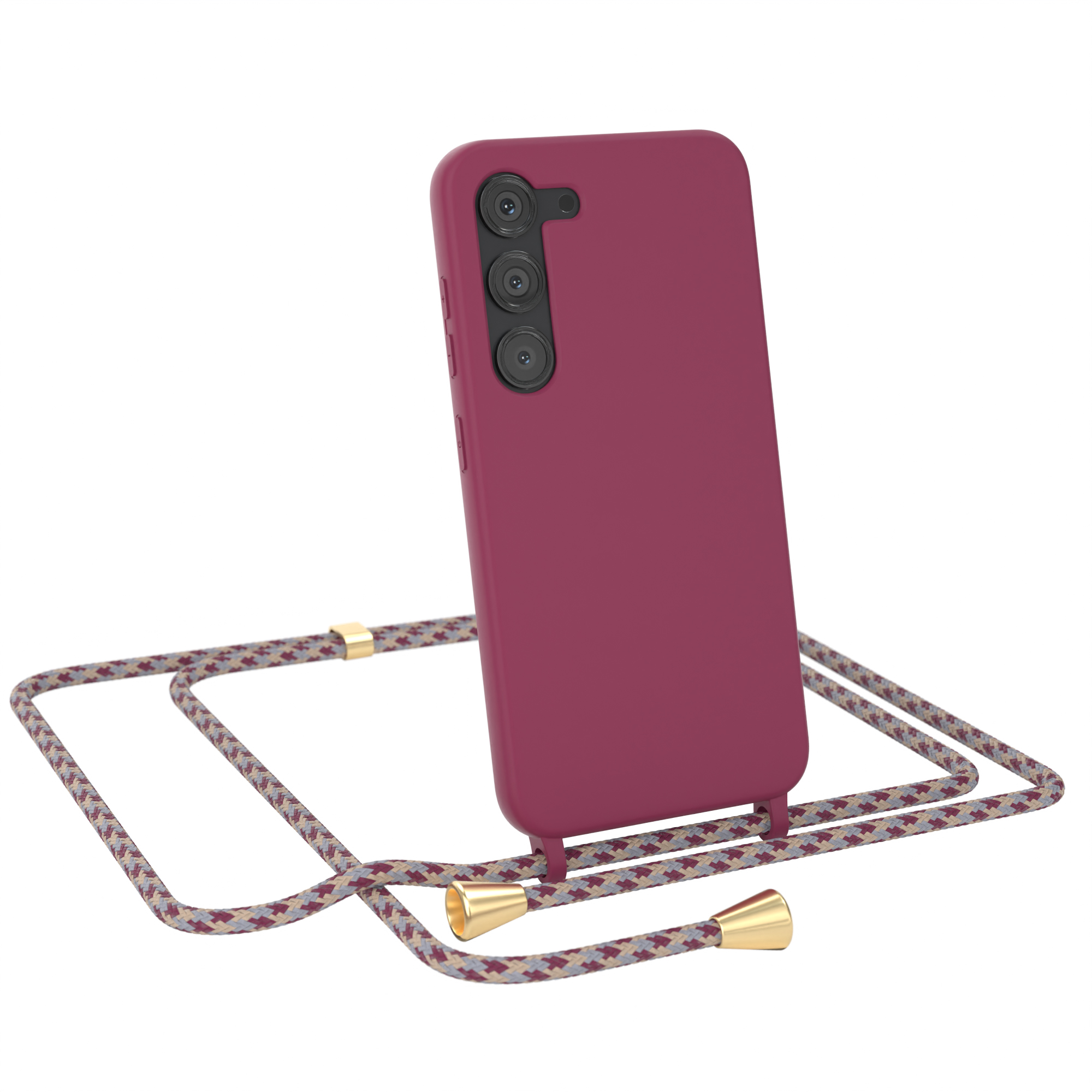 Burgunderfarbenes Telefon mit Kordel. Die Handyhülle hat drei Kameras. Die Kordel hat goldfarbene Akzente.