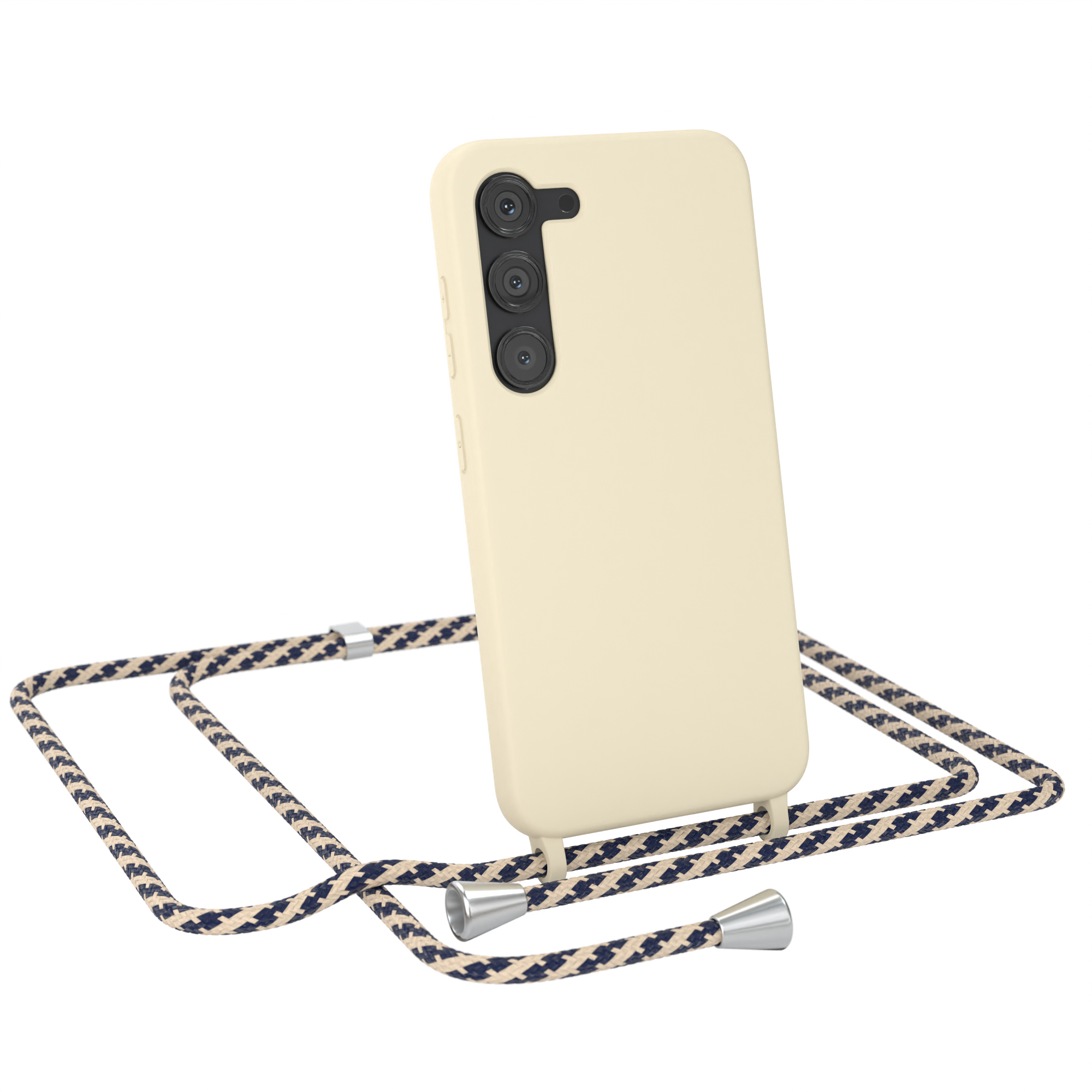 Beiges Telefon mit Kameramodul und Schlüsselband. Das Schlüsselband ist beige, navy und weiß.