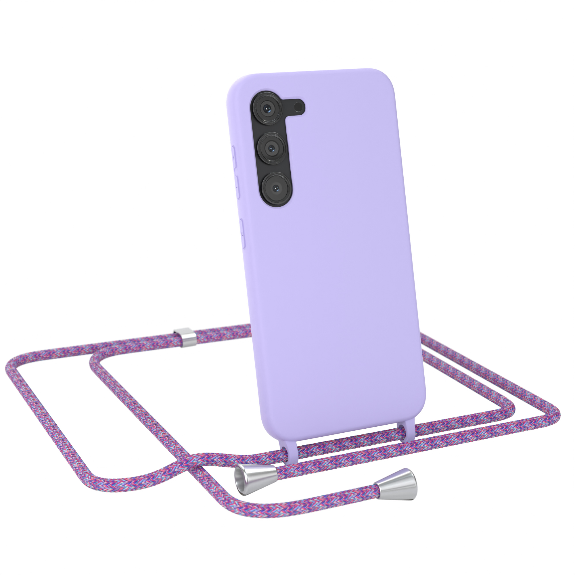 Eine lilafarbene Handyhülle mit Gurt. Das Telefon hat drei Kameras.