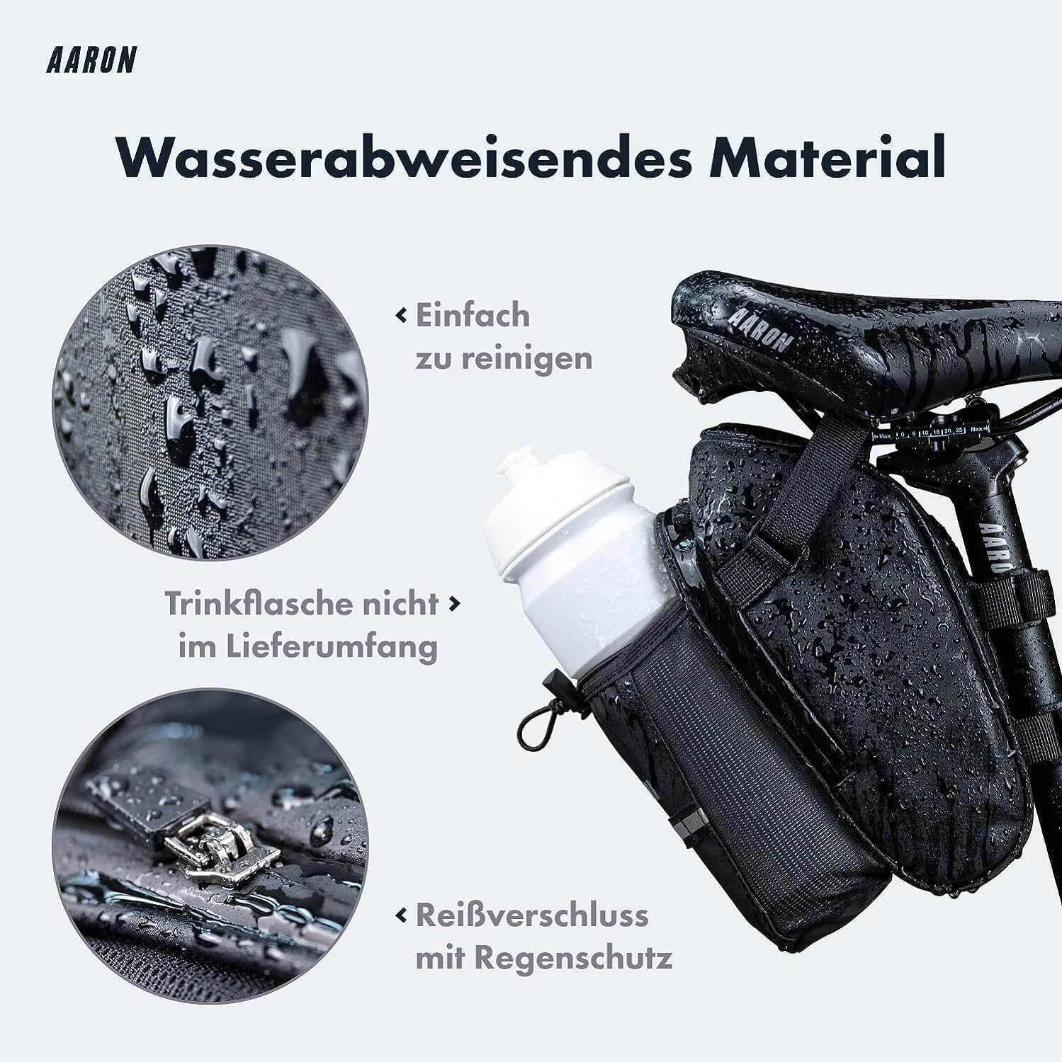 Nahaufnahme eines Fahrrads mit Tasche am Sitz, zeigt wasserabweisendes Material und weitere Details.