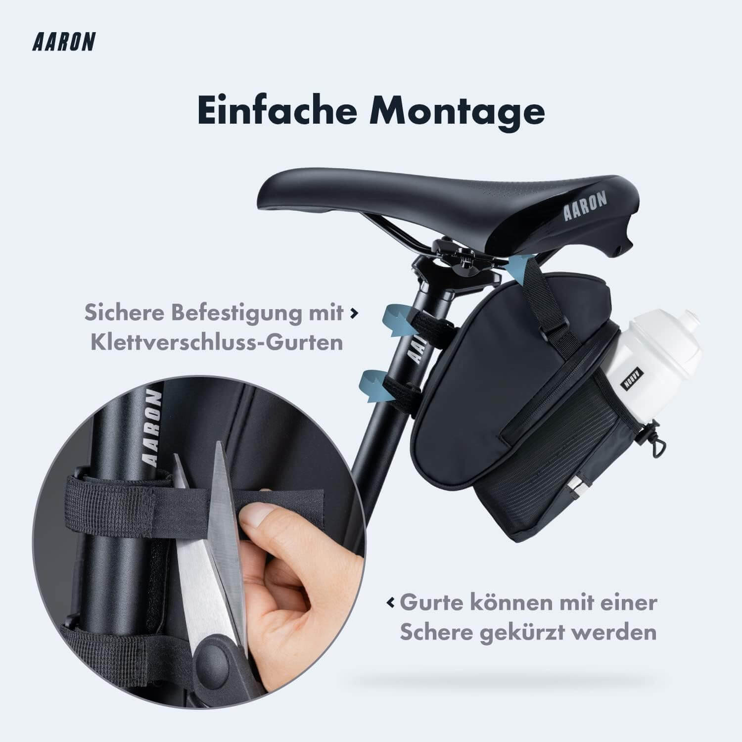 Fahrradtasche mit Riemen. Schere schneidet Riemen für die Anpassung. Flaschenhalter befestigt.