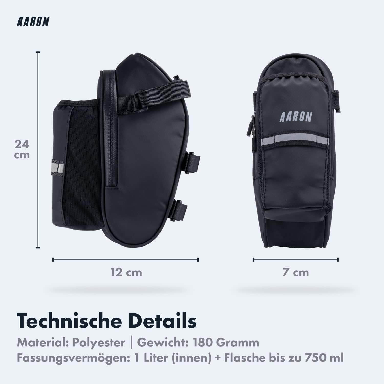 Schwarz-blaue Fahrradtasche mit Produktdetails. Abmessungen sind 24cm x 12cm x 7cm.