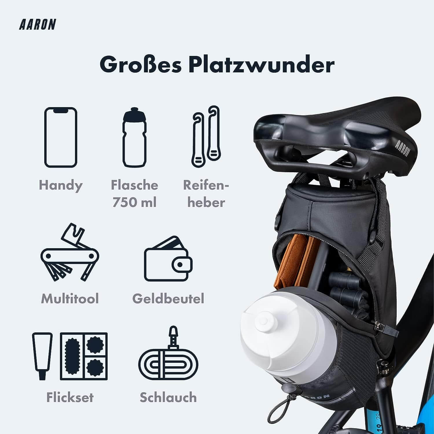 Eine Fahrradtasche mit verschiedenen Gegenständen, darunter Telefon, Flasche und Werkzeuge.