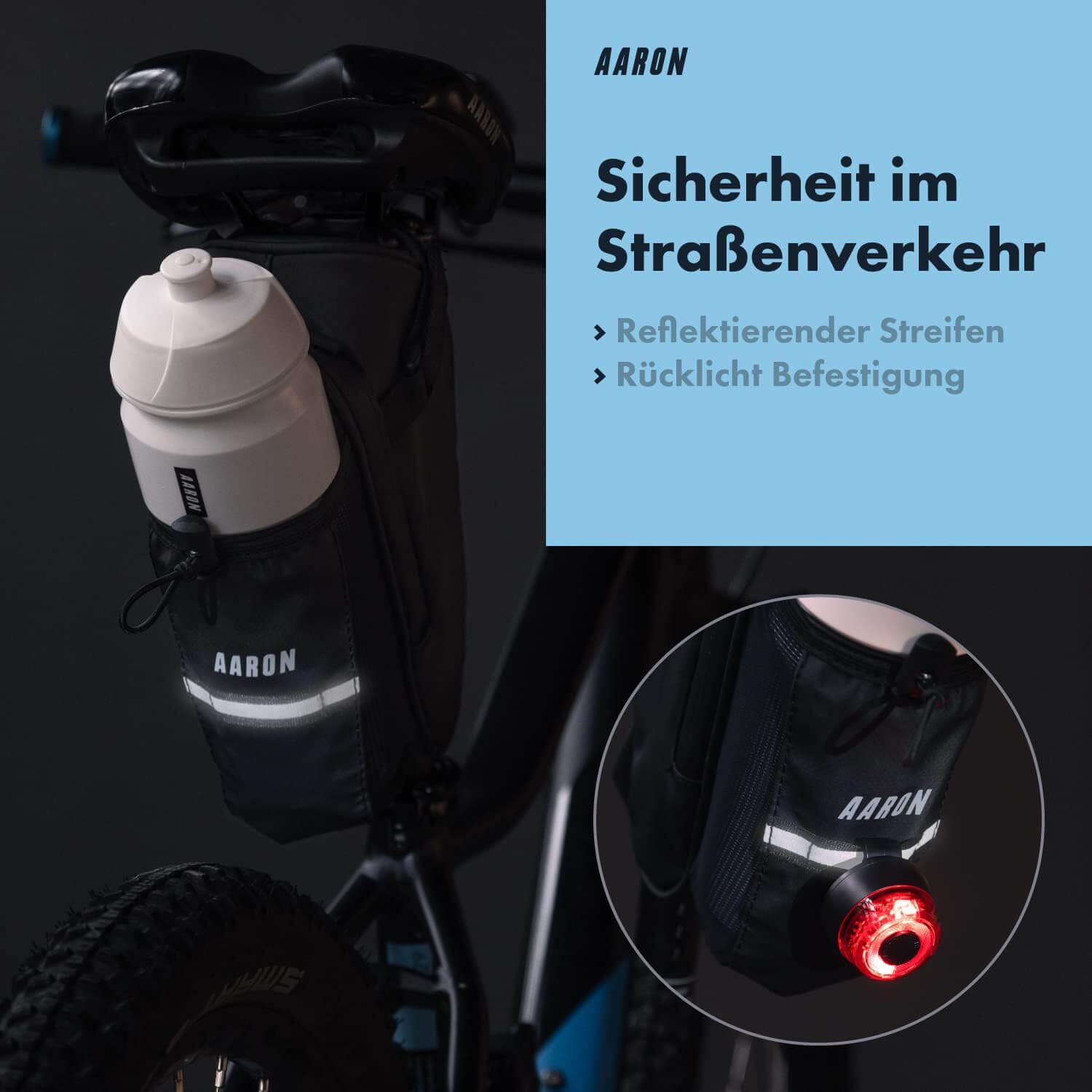 Fahrrad mit schwarzer Tasche, Wasserflasche und rotem Licht. Text lautet 'Sicherheit im Straßenverkehr'.