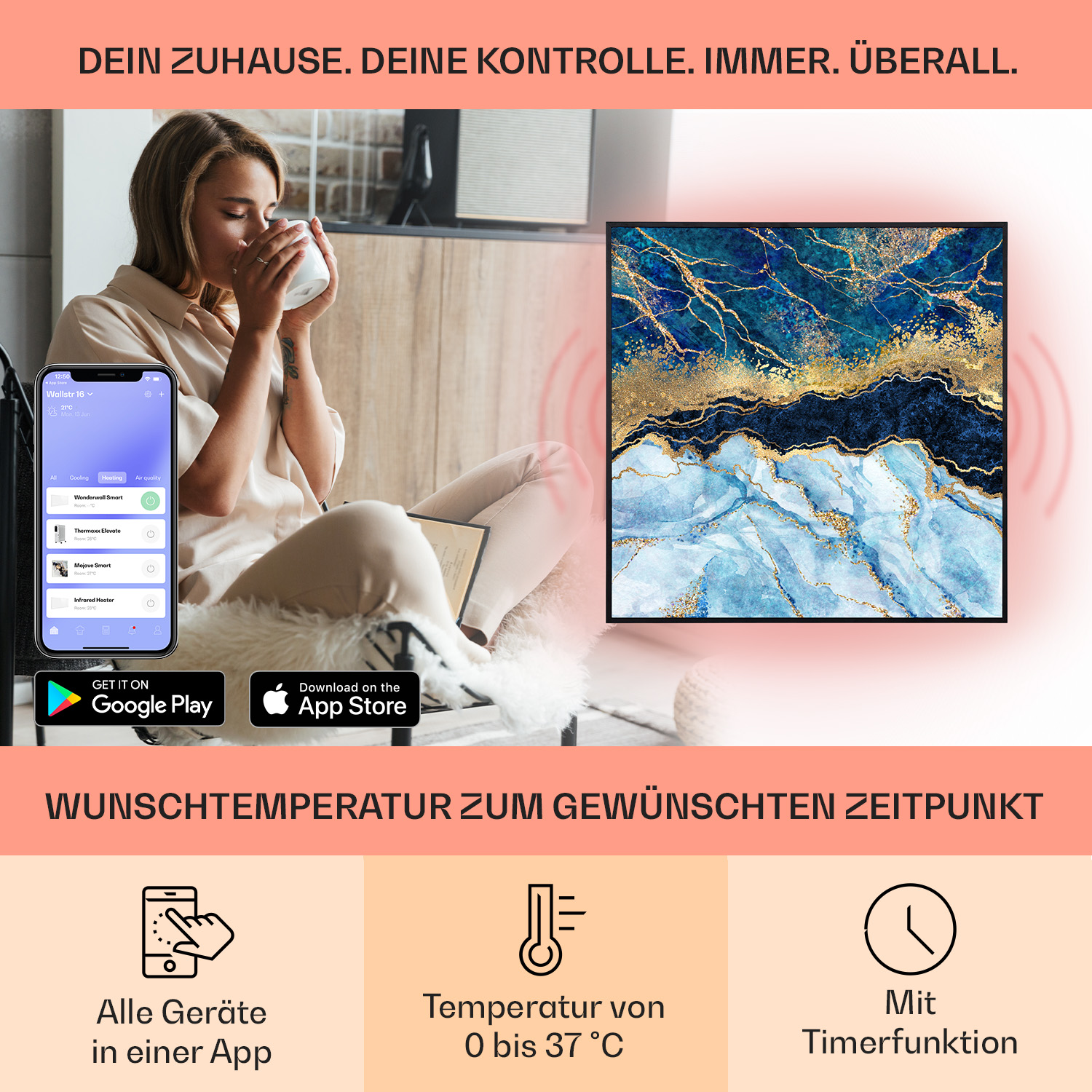 Una donna con un telefono, un'immagine incorniciata e un'interfaccia di app mobile, con testo sottostante.