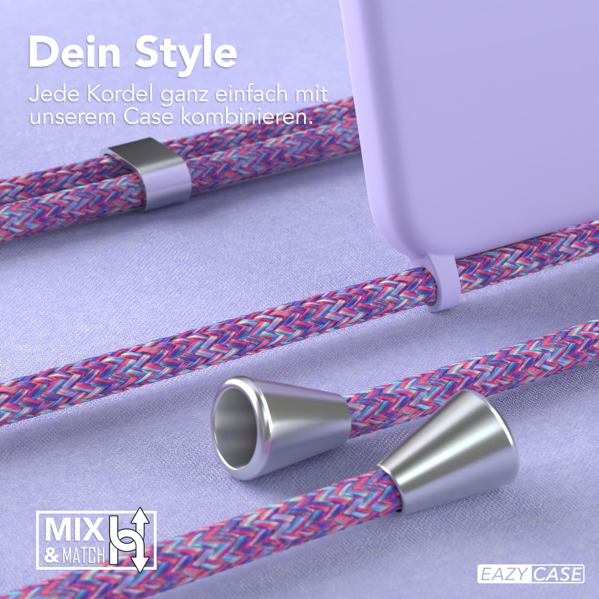 Nahaufnahme von Handyhülle und Kordel. Die Kordel ist mehrfarbig und verbindet sich mit einer lila Handyhülle. Text: Mix & Match.