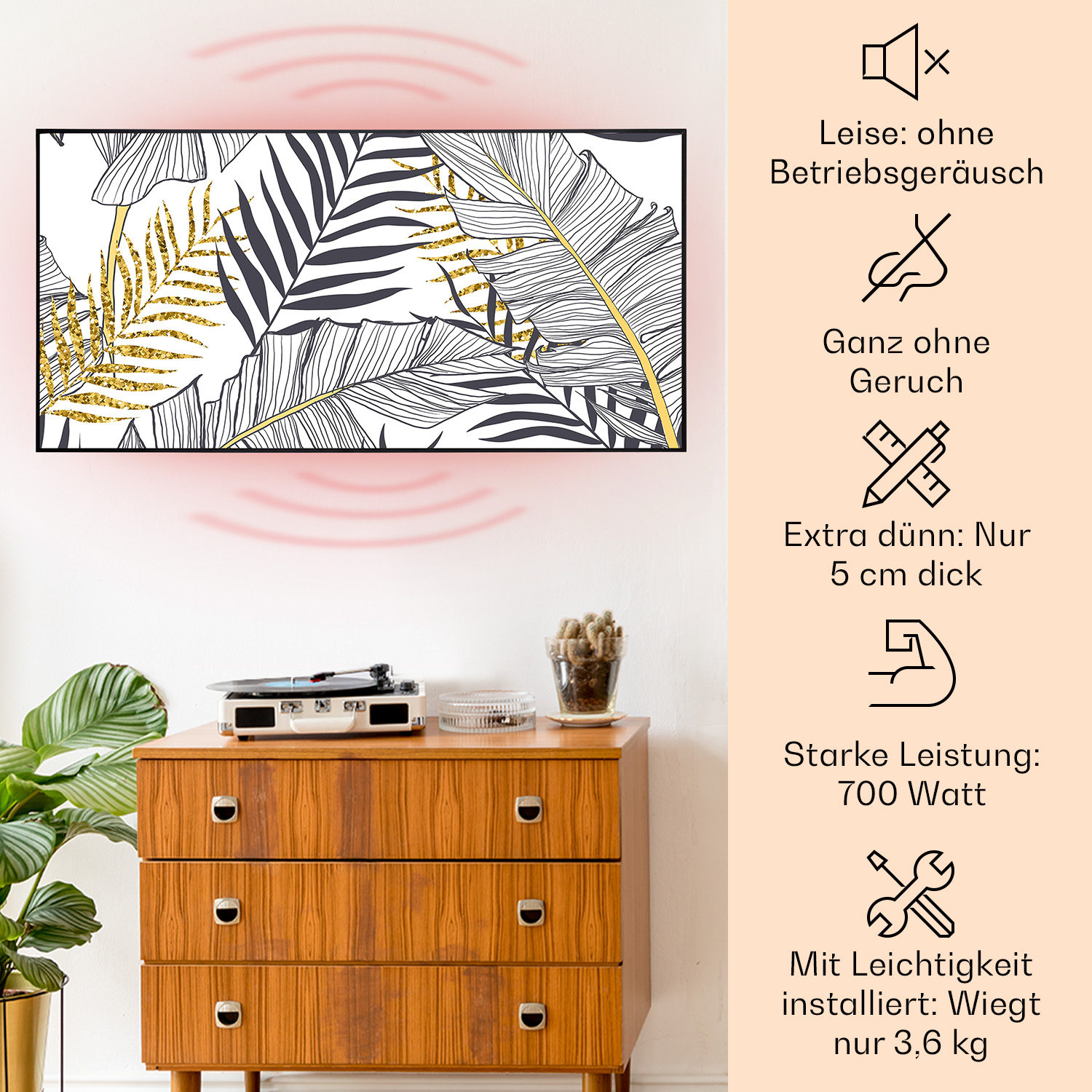 Un muro decorato con una TV e del testo. C'è una cassettiera e un giradischi di fronte.