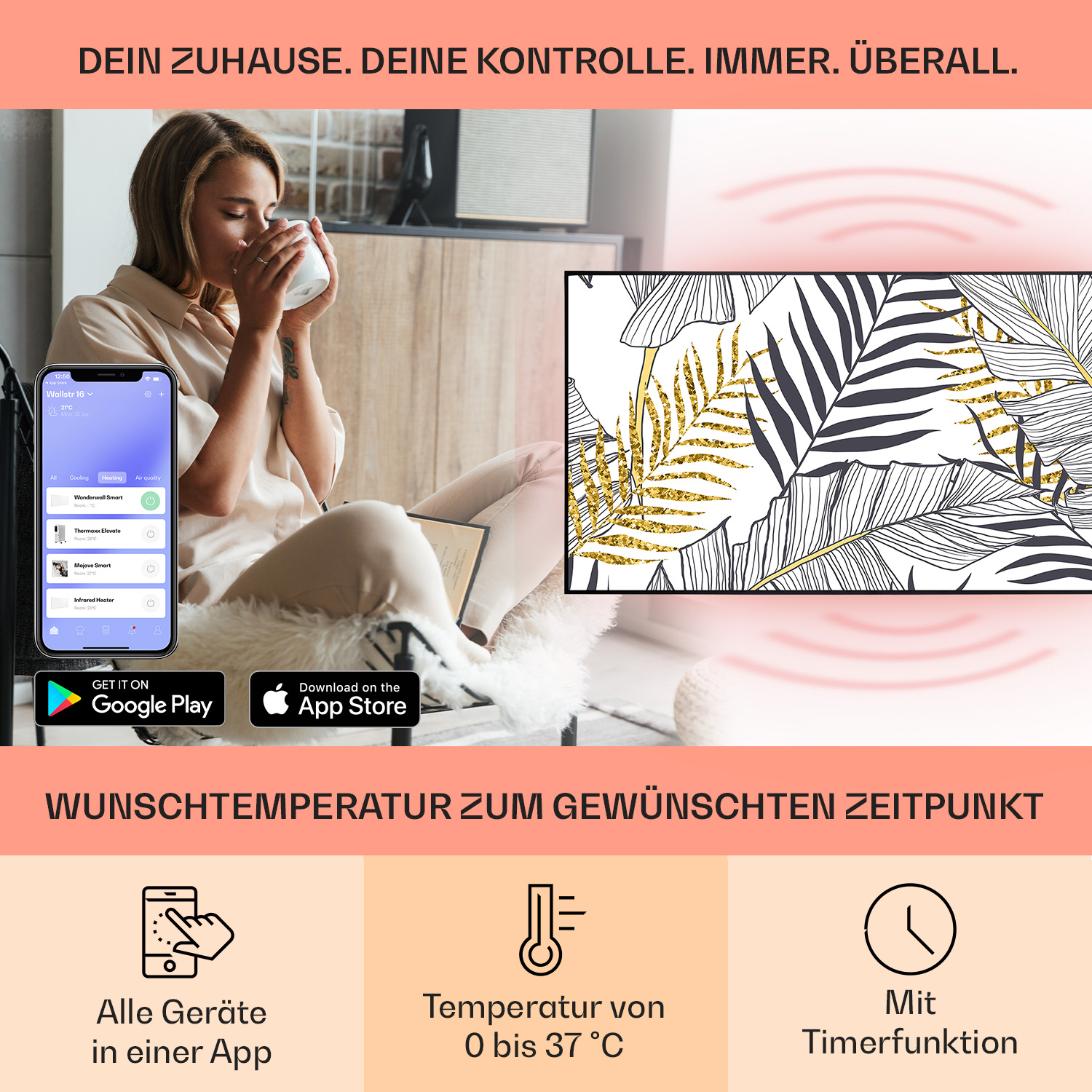 Una donna che usa un telefono con un'interfaccia smart home, con un pannello di controllo smart home.