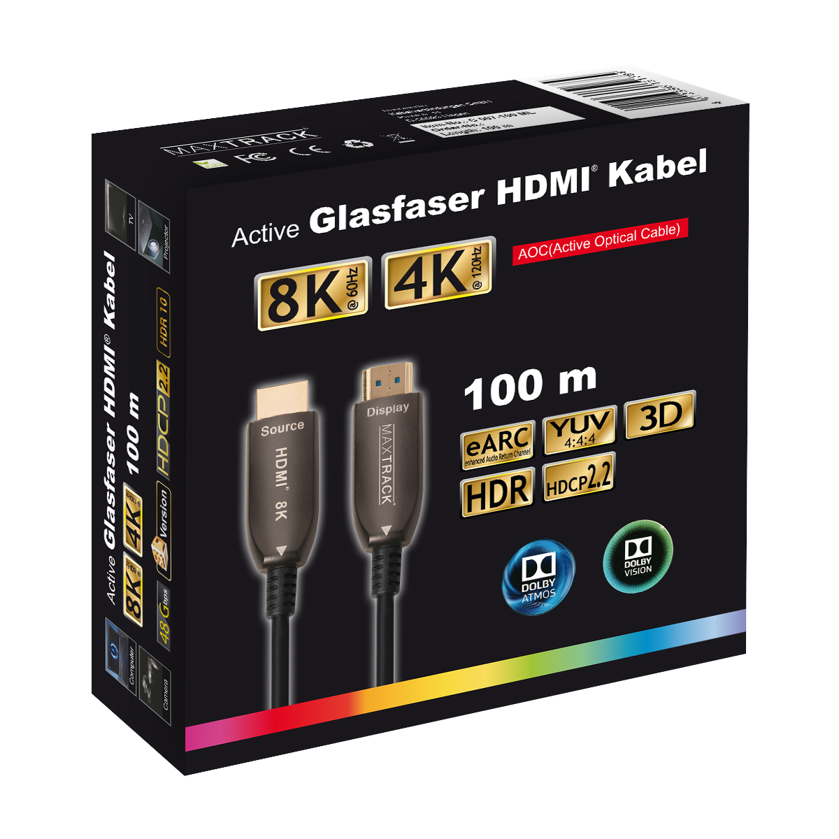 Verpacktes schwarzes HDMI-Kabel mit 8K- und 4K-Etiketten. Kabelanschlüsse sind sichtbar.