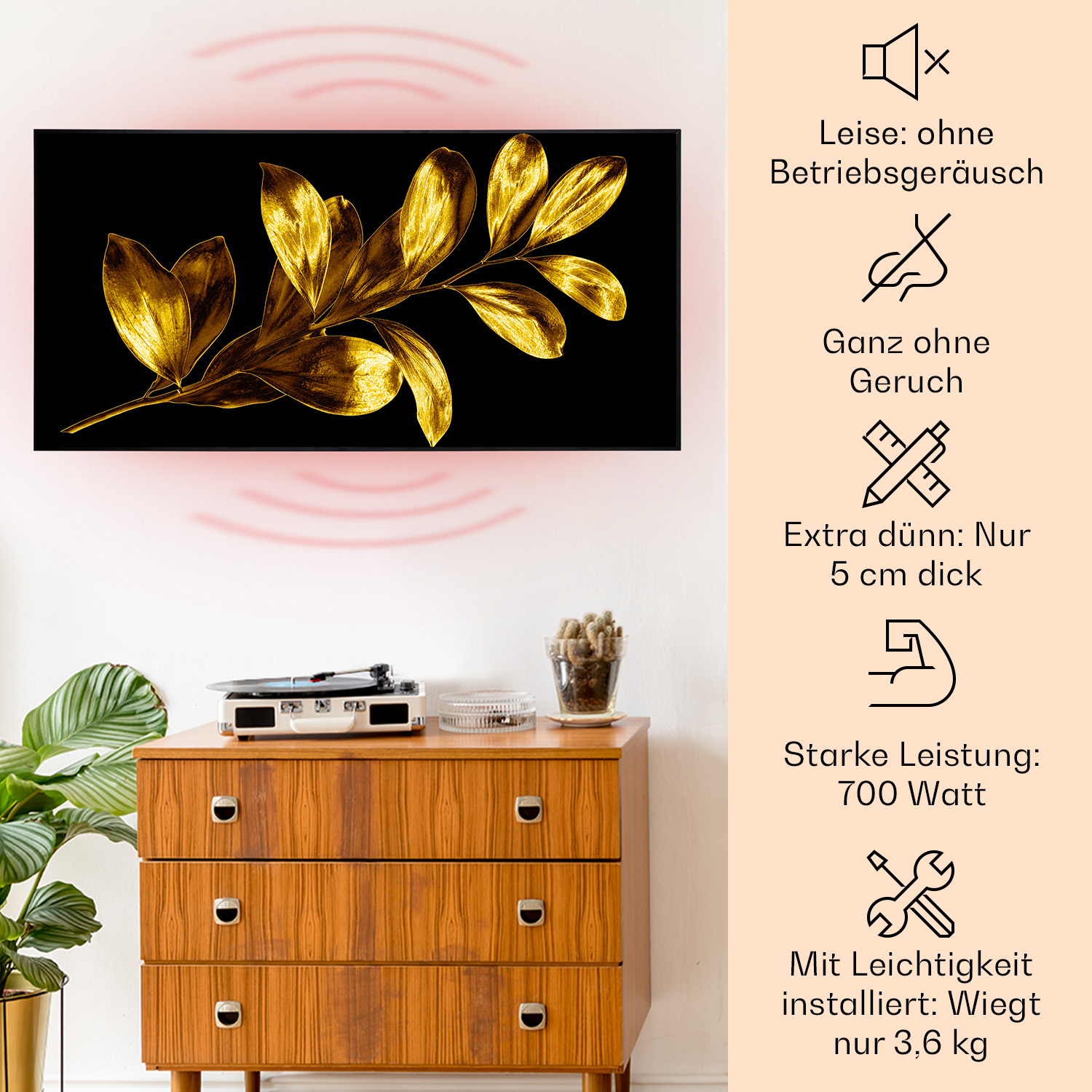 Goldene Blätter Kunst auf schwarzem Hintergrund. Ein Vintage-Holzschrank mit Plattenspieler im Vordergrund.