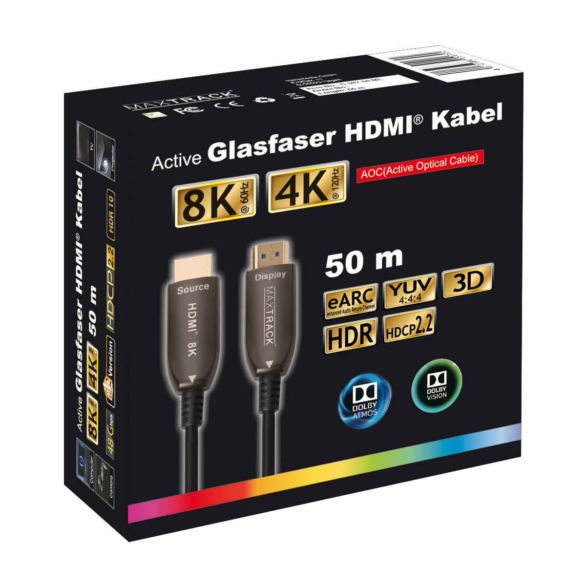Karton mit HDMI-Kabel mit 8K- und 4K-Auflösung, mit Logos und technischen Spezifikationen.