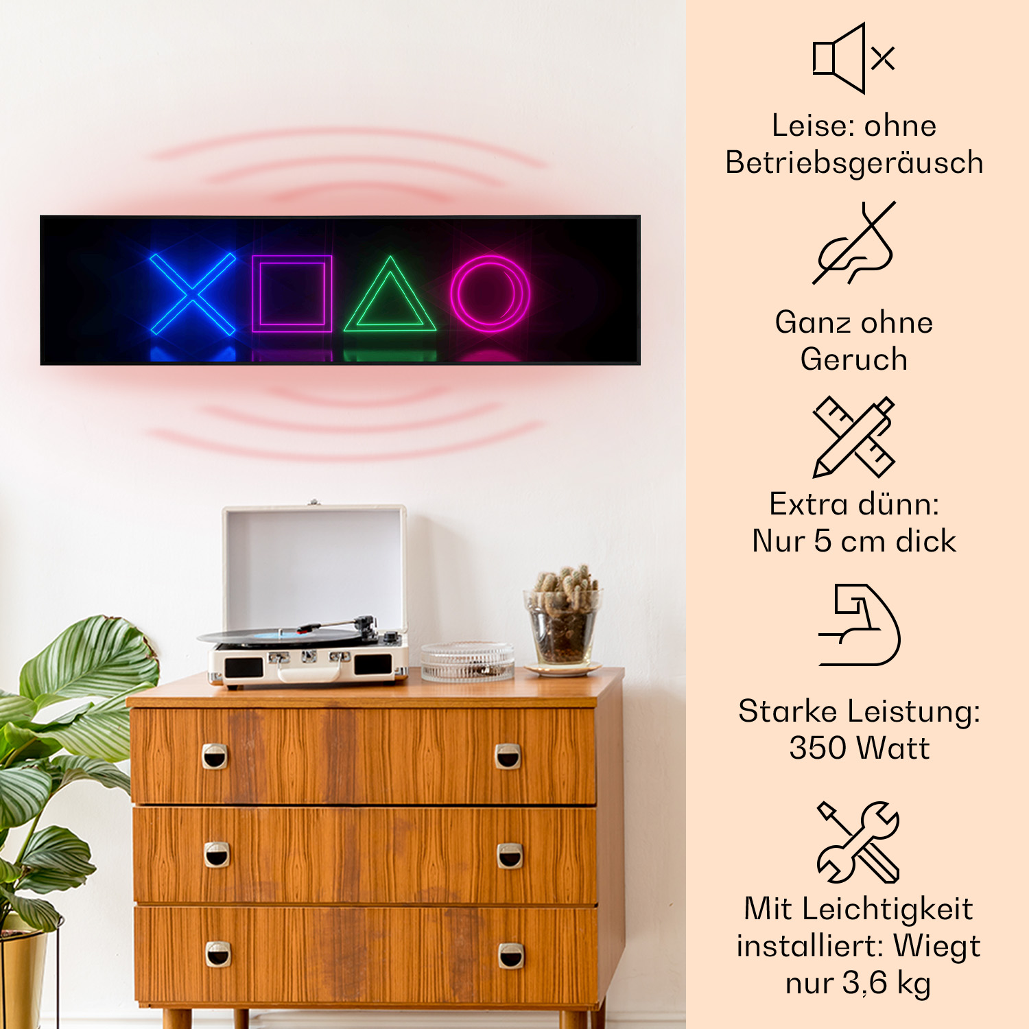 Ein Neonschild mit PlayStation-Symbolen über einem Plattenspieler und einer Holzkommode.