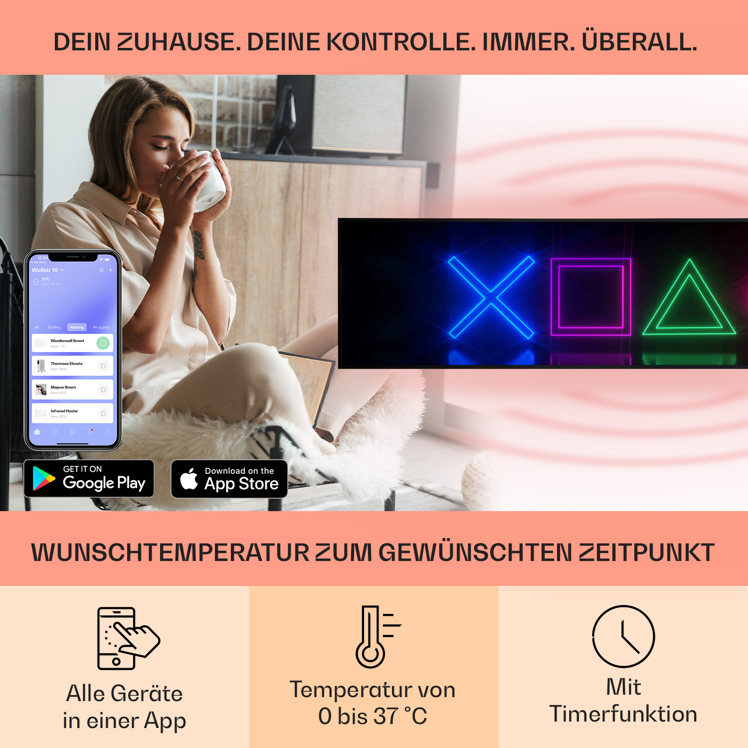 Eine Frau hält eine Tasse und schaut auf ein Telefon mit einer App. Ein Neon-PlayStation-Symbol ist auf einem Fernsehbildschirm.