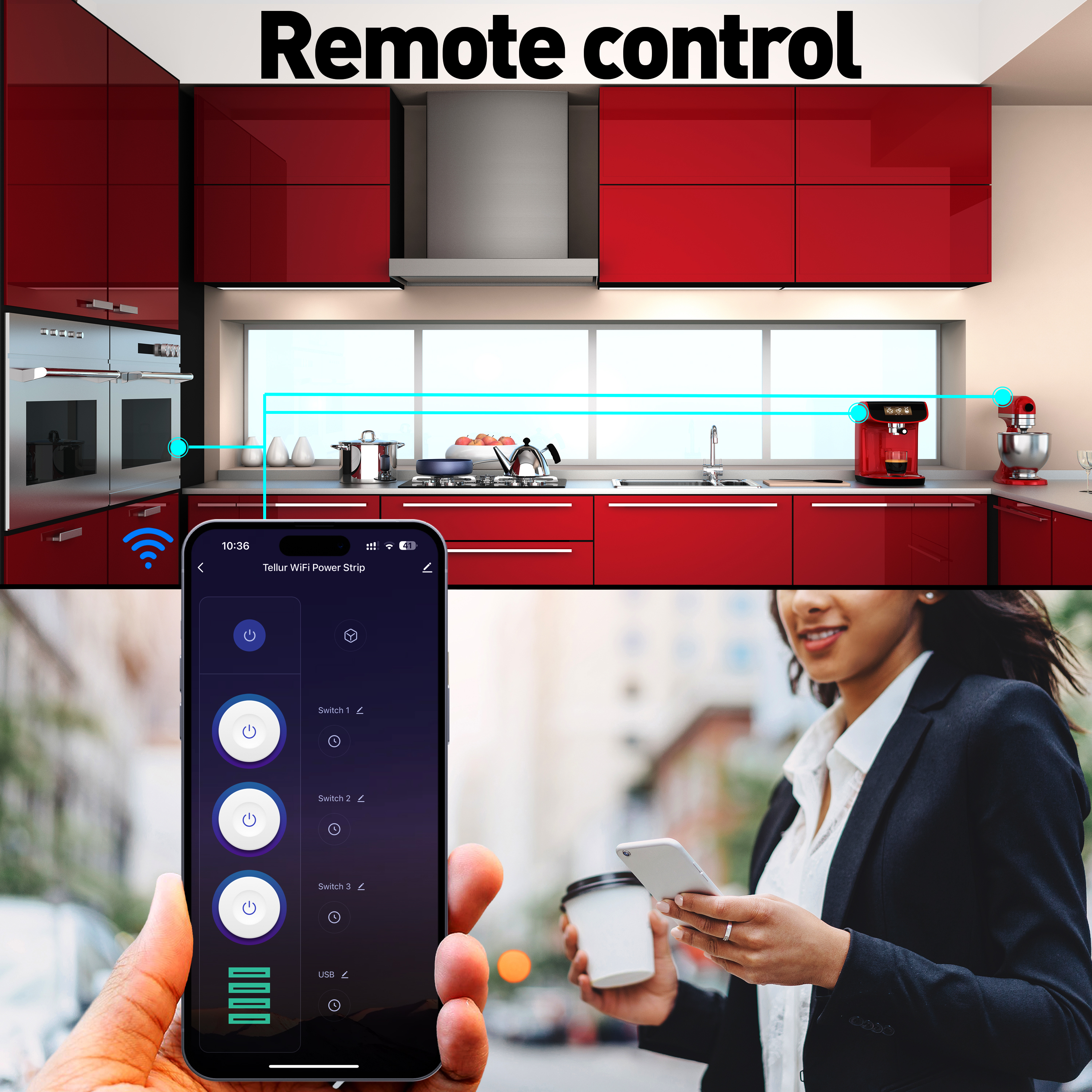 Inteligentne ustawienia kuchni. Kobieta trzyma telefon. Kuchnia z czerwonymi szafkami, urządzeniami i inteligentnymi kontrolami.