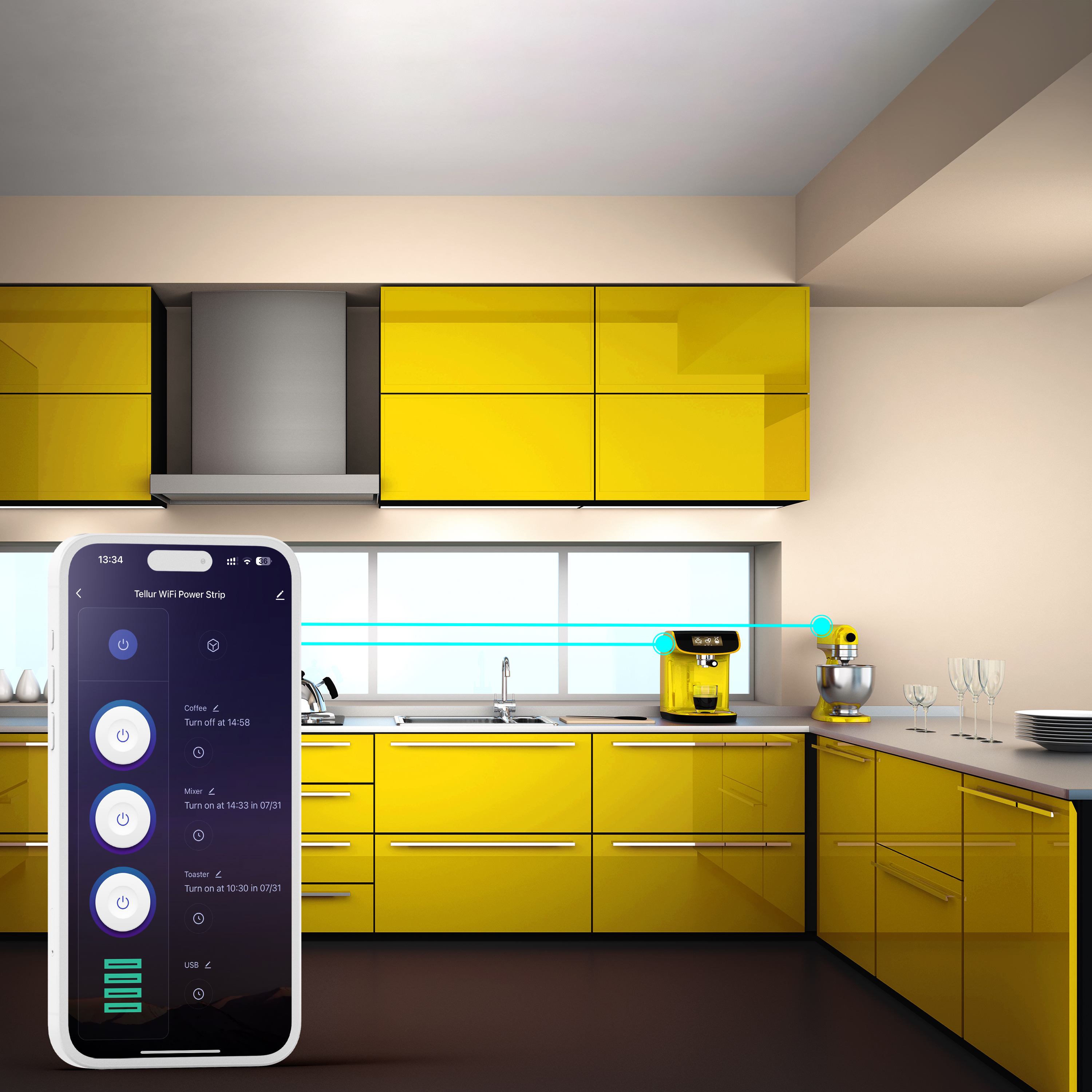 Nowoczesna kuchnia z żółtymi szafkami i smartfonem sterującym żółtym mikserem.