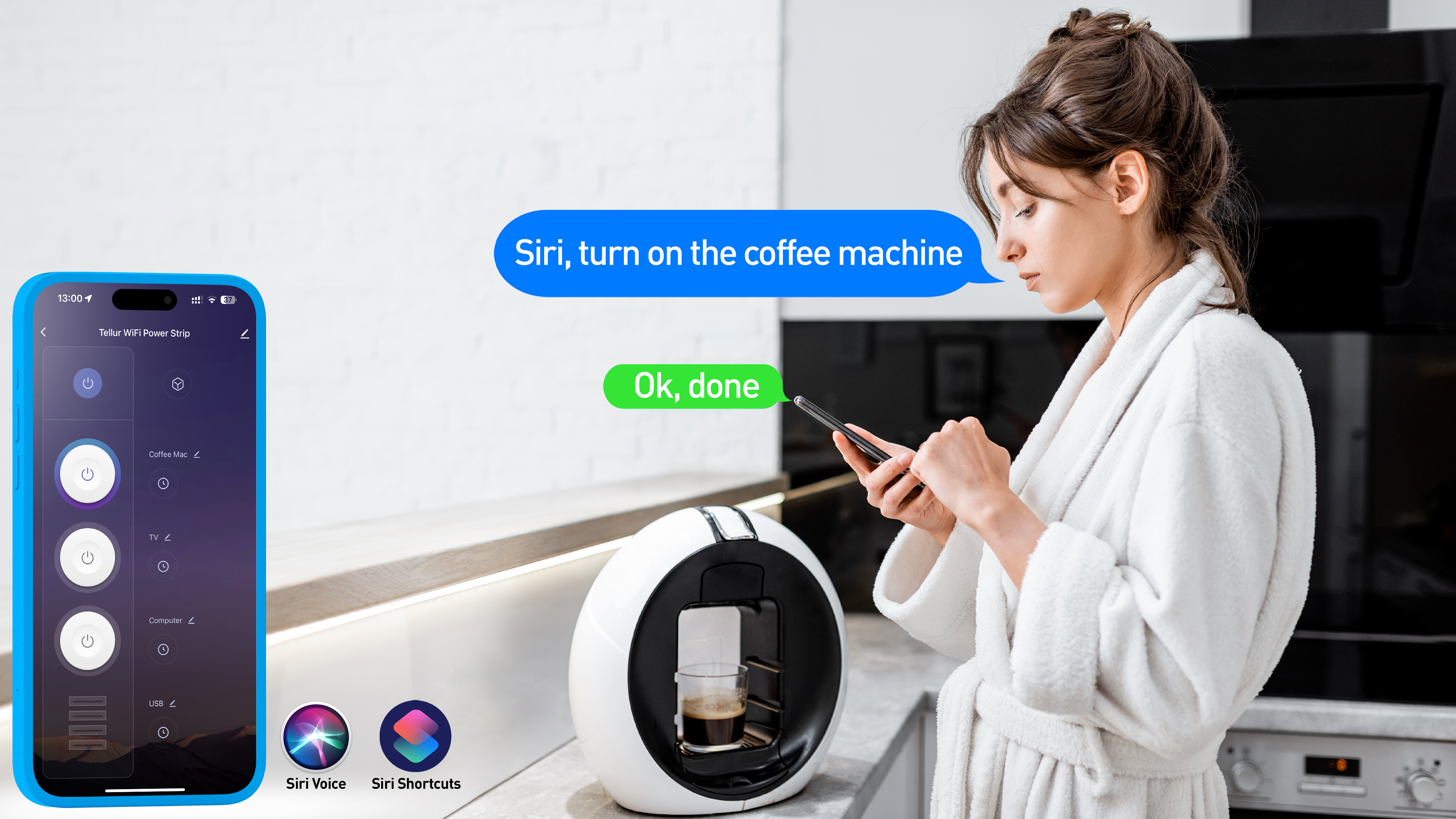 Frau benutzt Telefon, um Kaffeemaschine zu steuern. Kaffeemaschine auf der Theke. Textblasen.
