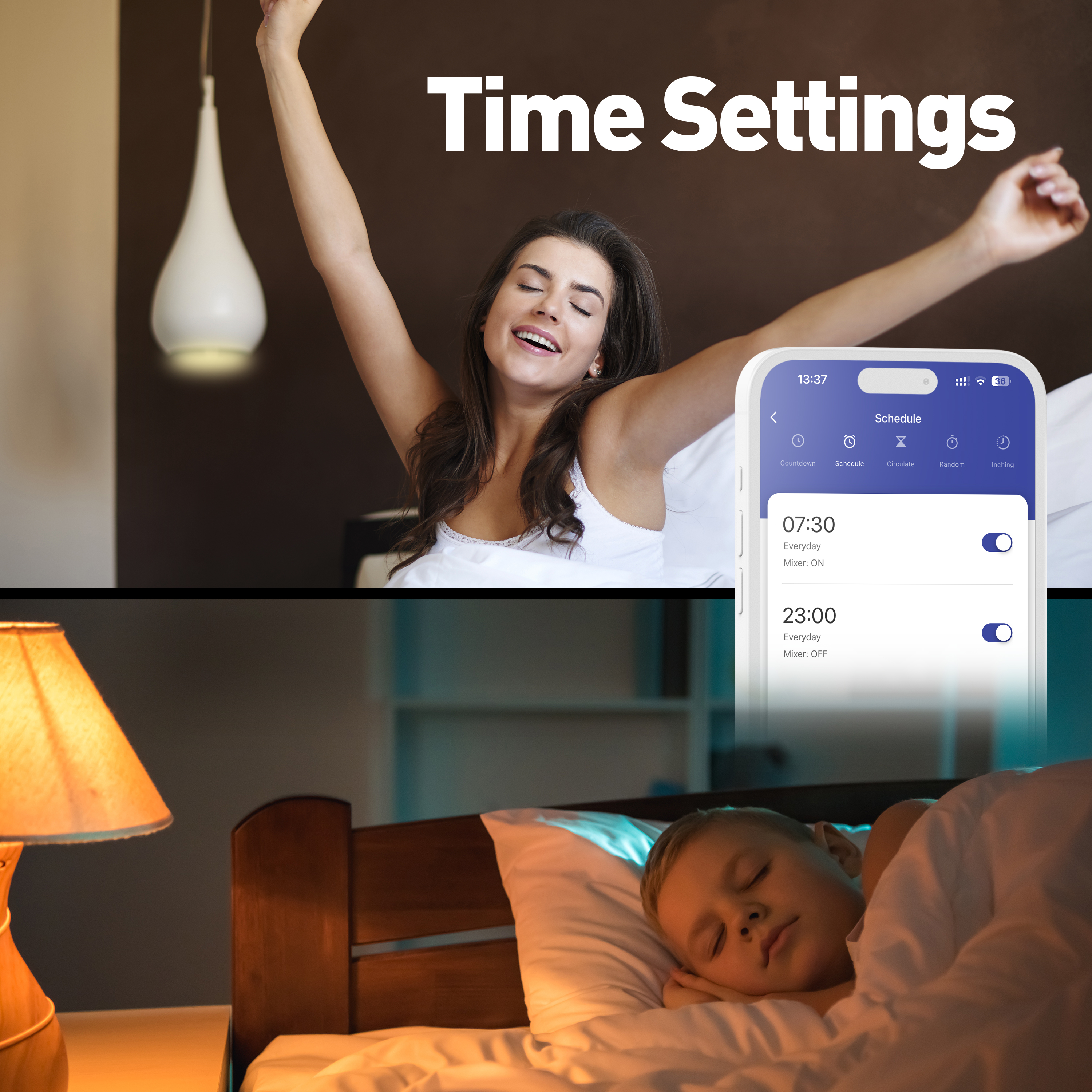 Kobieta budzi się, telefon pokazuje harmonogram, dziecko śpi. Tekst: 'Time Settings'.